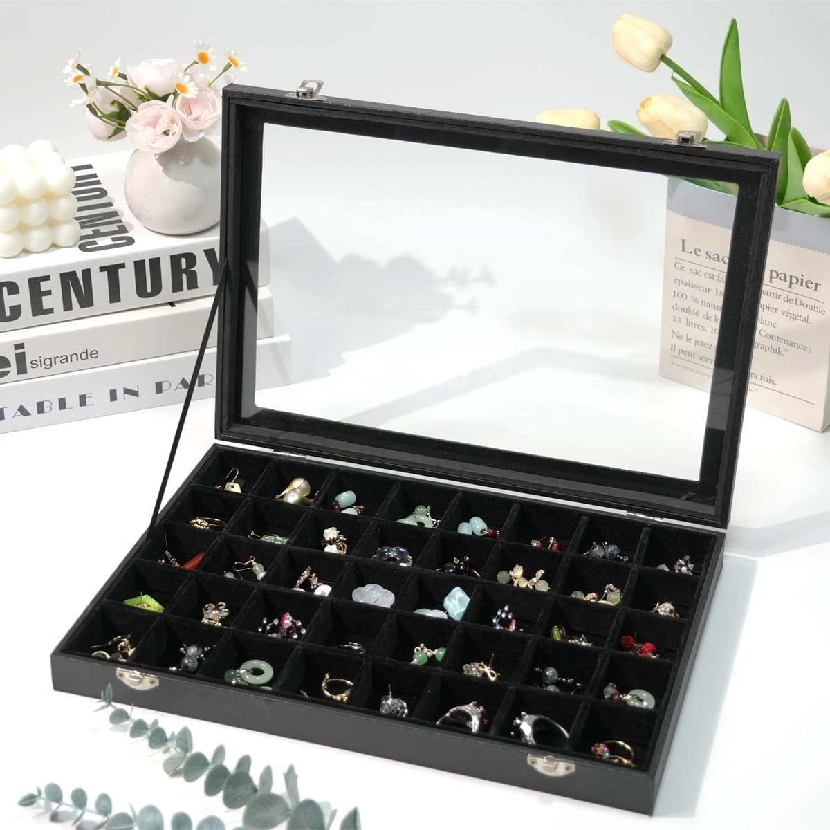 Black Velvet 40 Grid Earring Organizer Display Box Transparent lid Jewelry | eBay