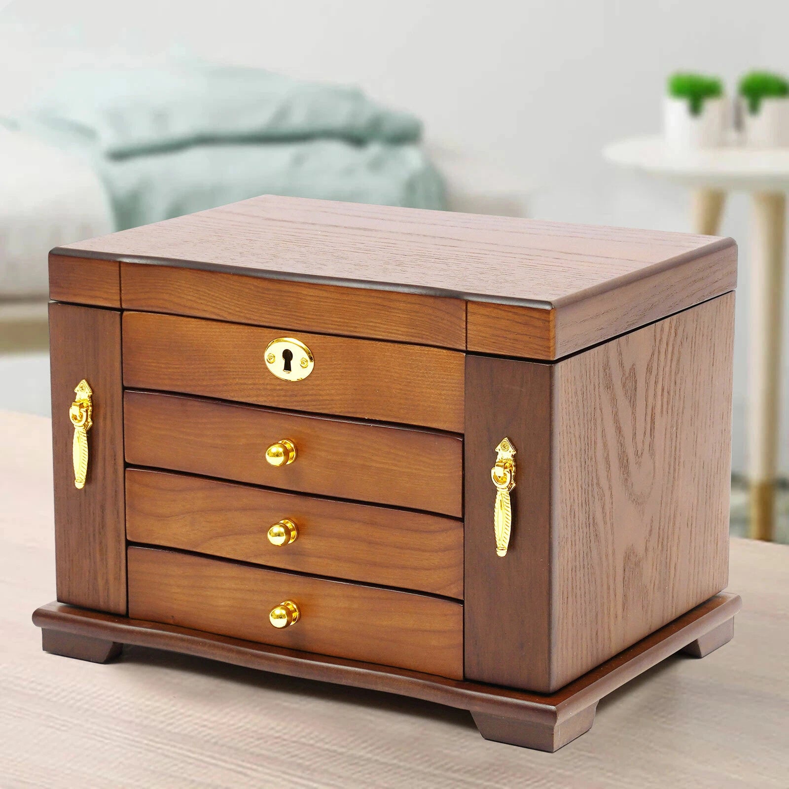 4 Tier Retro Lockable Jewelry Box Solid Wood Earrings Necklace Storage Organizer | eBay
