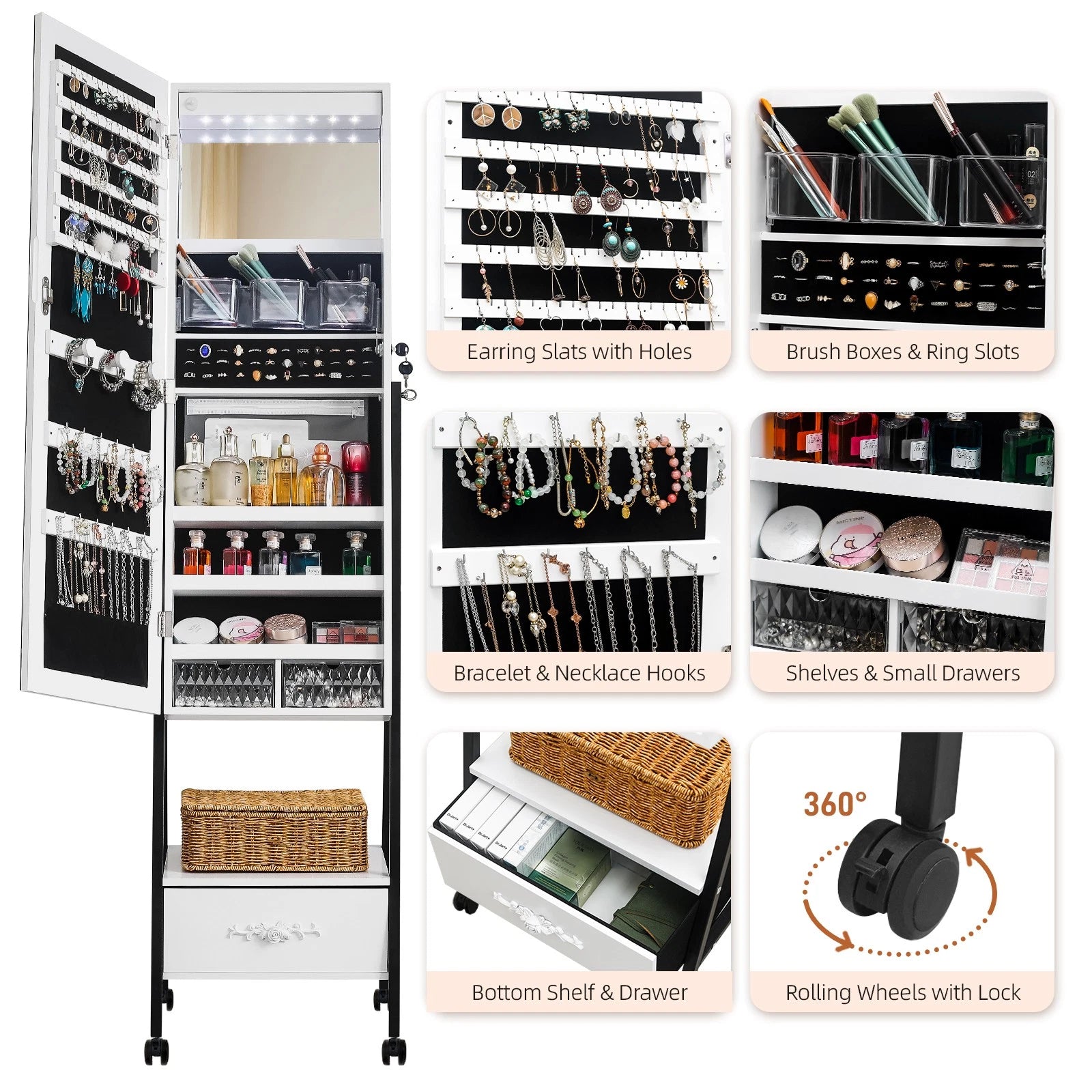 Full Mirror Jewelry Cabinet Freestanding Lockable Jewelry Armoire w/Drawer,White | eBay