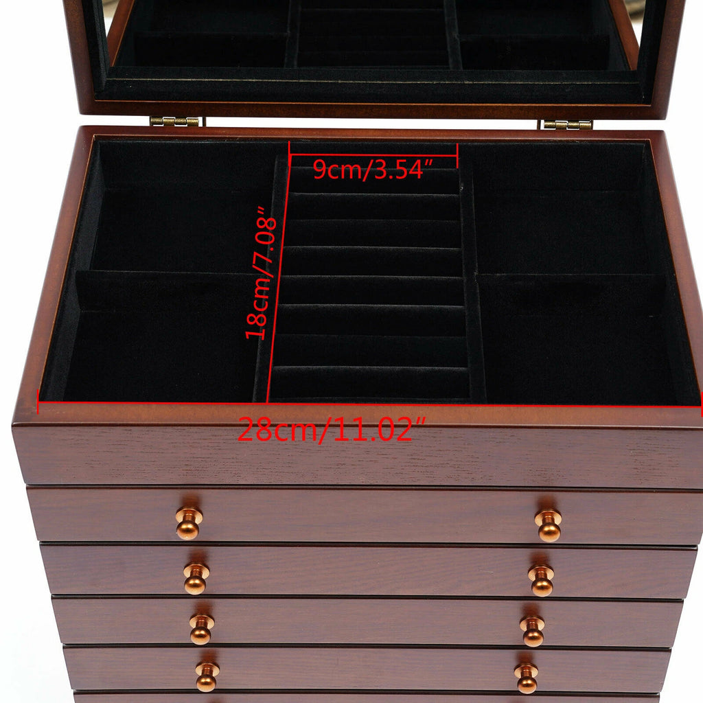 6 Layer Wooden Jewelry Storage Box Watches Necklace Case Cabinet with Drawers | eBay