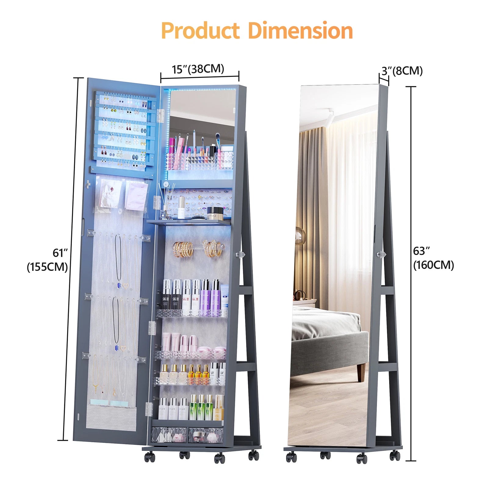 360° Rotating Jewelry Armoire Full Length Mirror Jewelry Organizer Cabinet | eBay