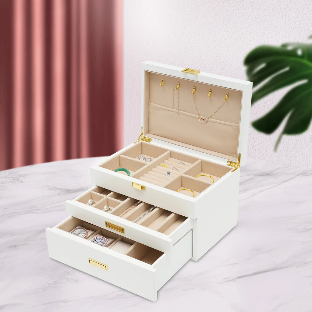 3 Layers Jewelry Storage Box W/ Safe Lock Large Capacity Organizer with 2 Drawer | eBay