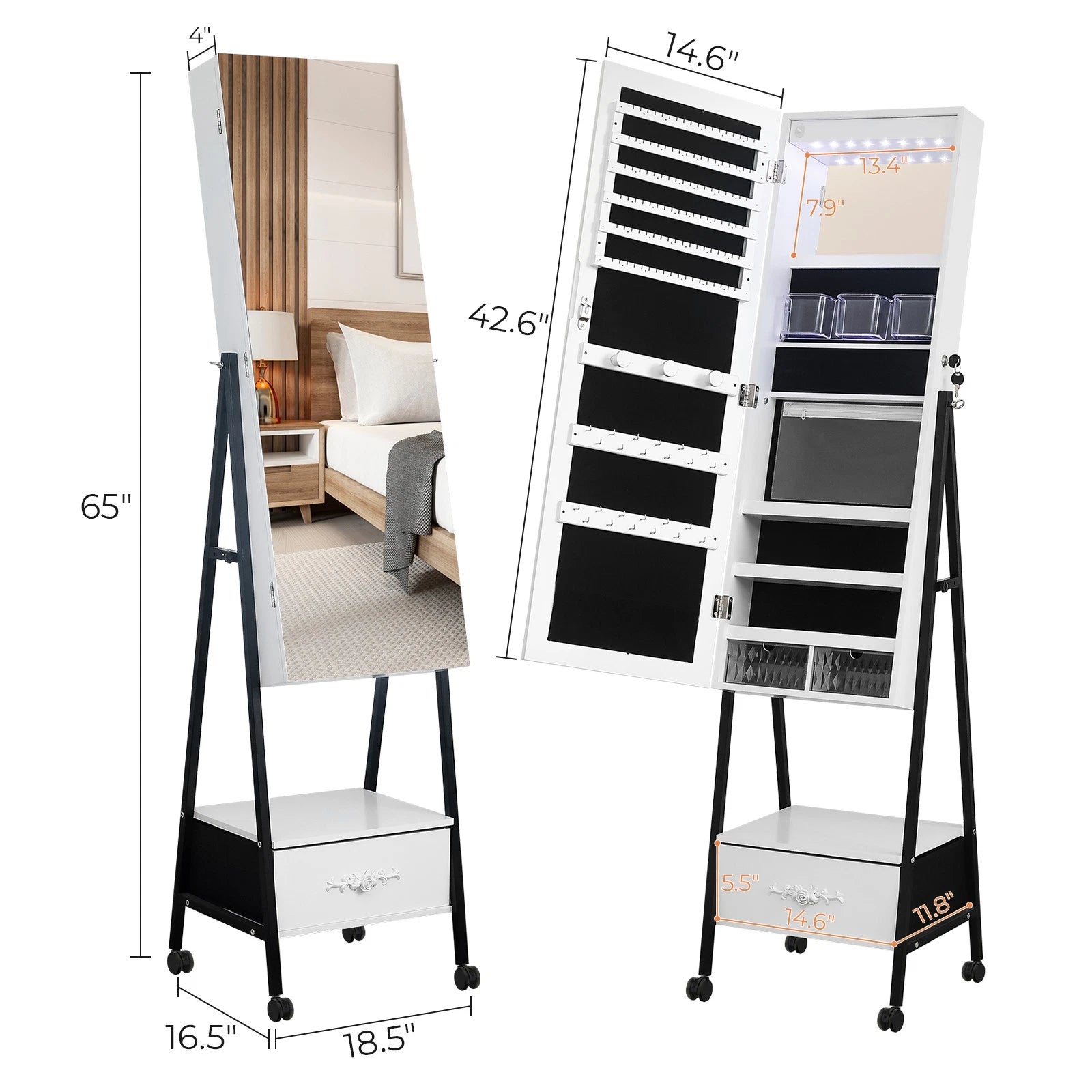 Full Mirror Jewelry Cabinet Freestanding Lockable Jewelry Armoire w/Drawer,White | eBay