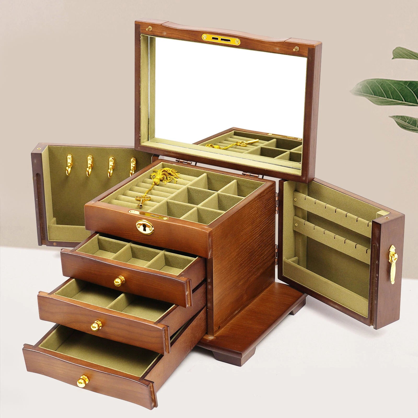 4 Tier Retro Lockable Jewelry Box Solid Wood Earrings Necklace Storage Organizer | eBay