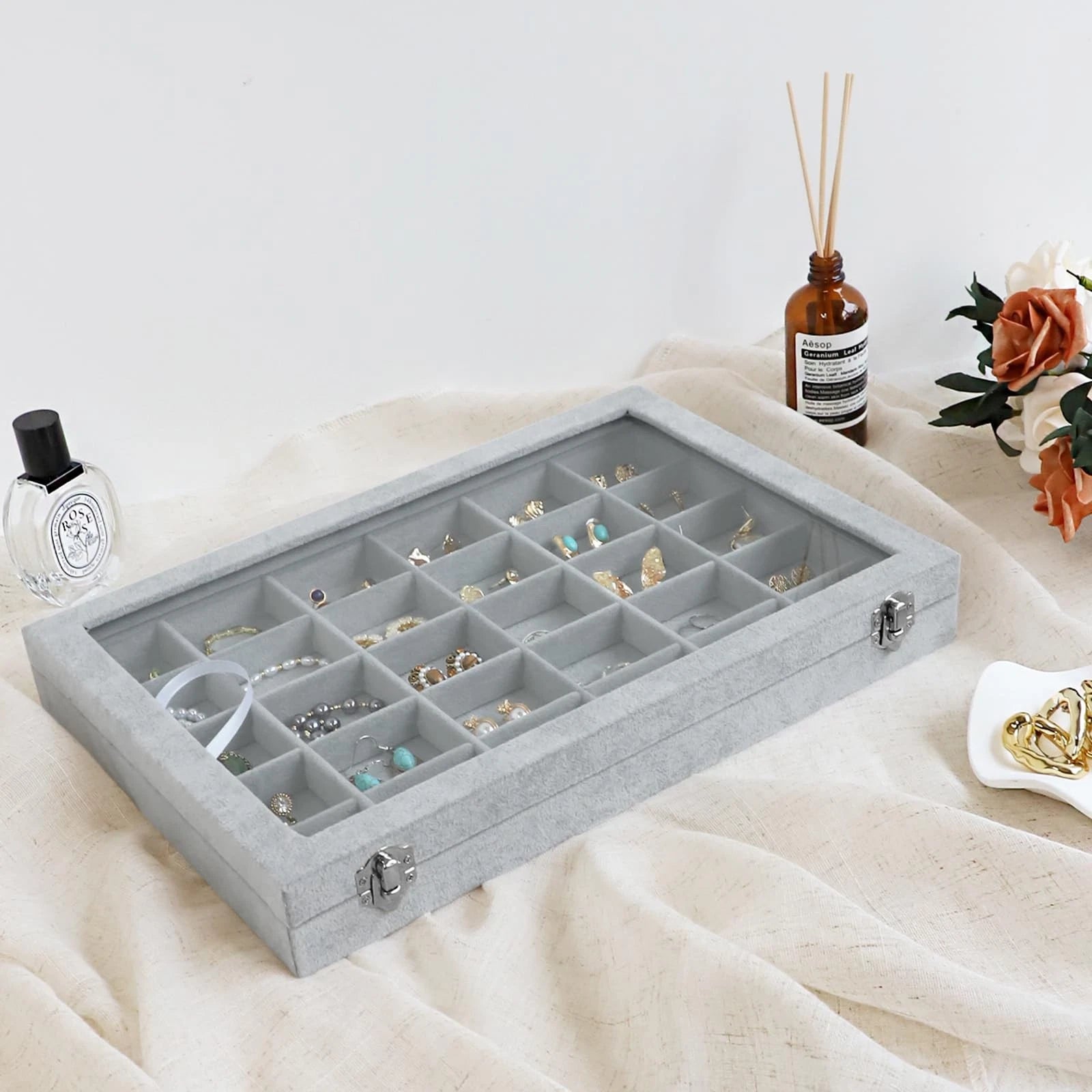 Wudygirl 30 Grid Jewelry Organizer Velvet Jewelry Box Jewelry Tray with Clear Li | eBay