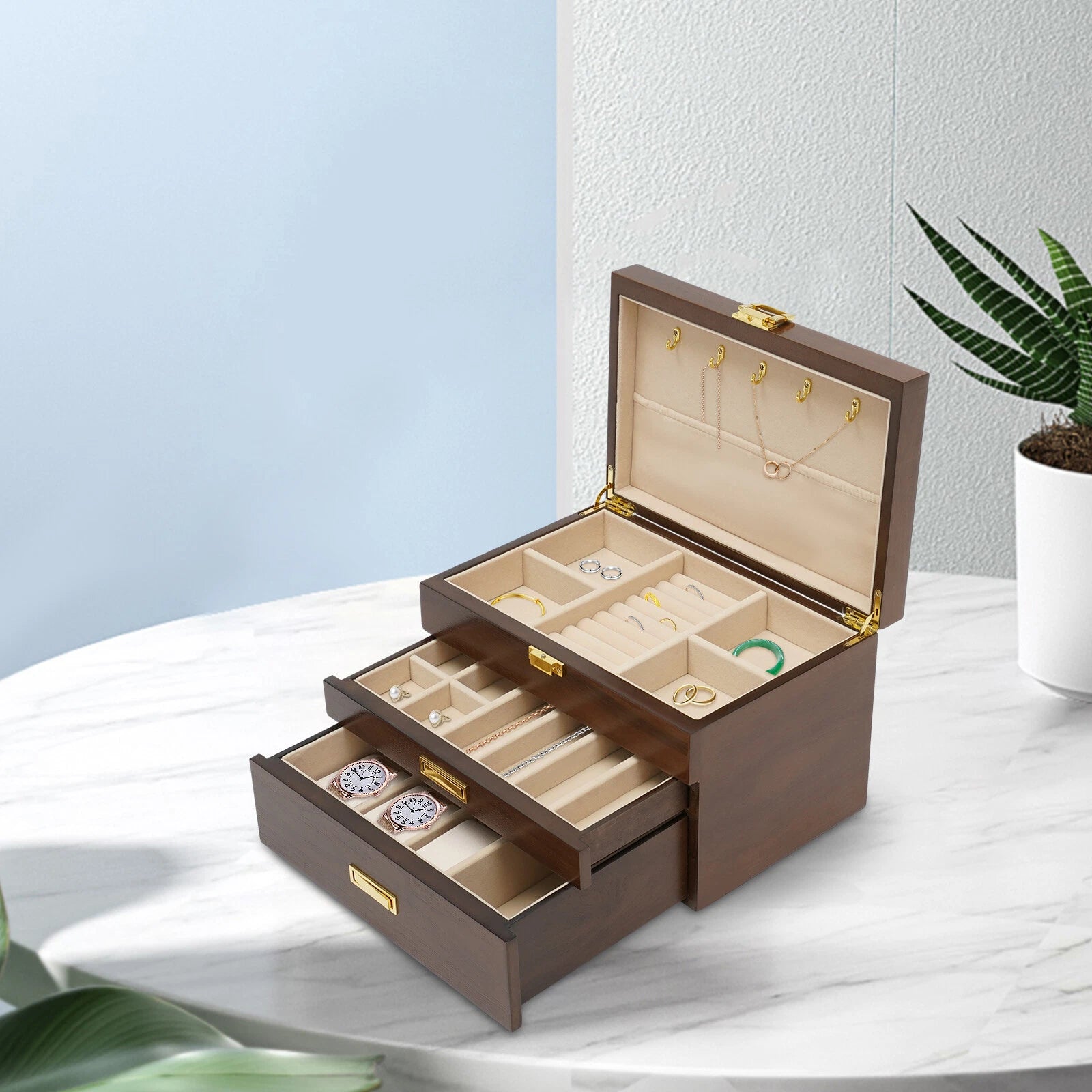 3 Layers Wooden Organizer Jewelry Storage Box with 2 Drawers Cabinet | eBay