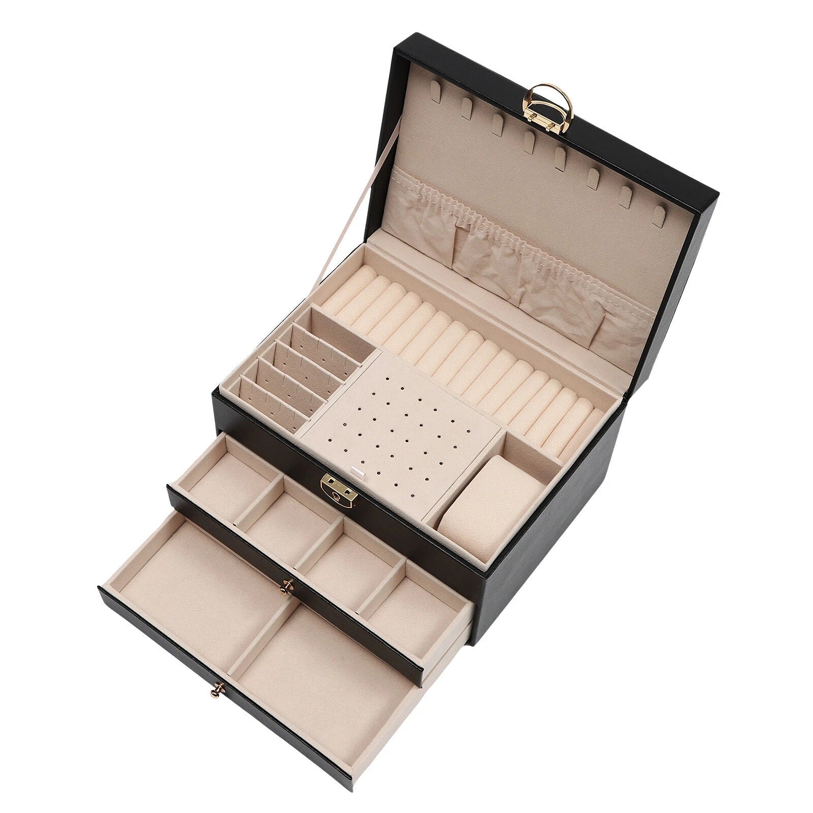 Lockable Jewelry Box Organizer PU 3tire Storage W/ 8built-in Hooks & Storage Bag | eBay
