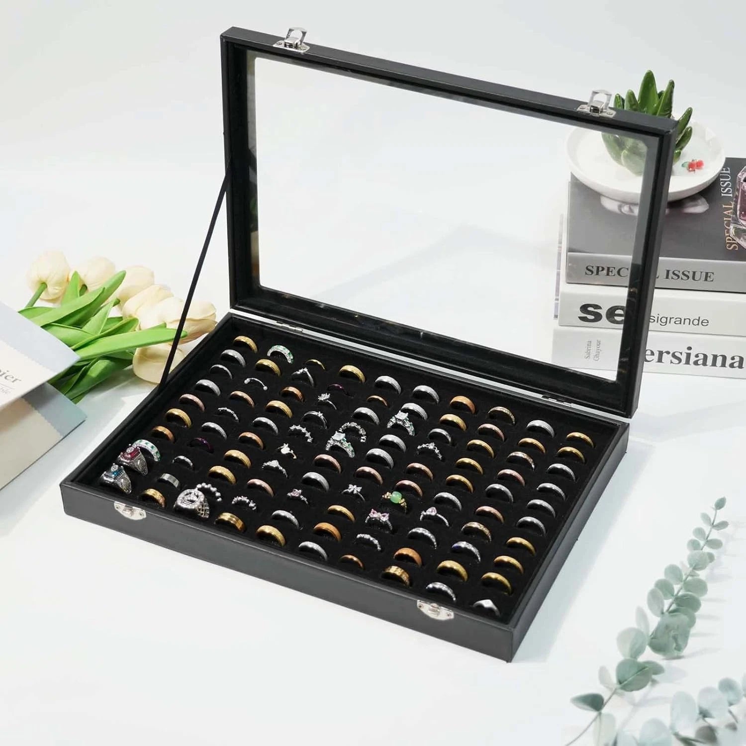 100 Slots Ring Display Case with Transparent Lid - Jewelry Storage Box & Organiz | eBay