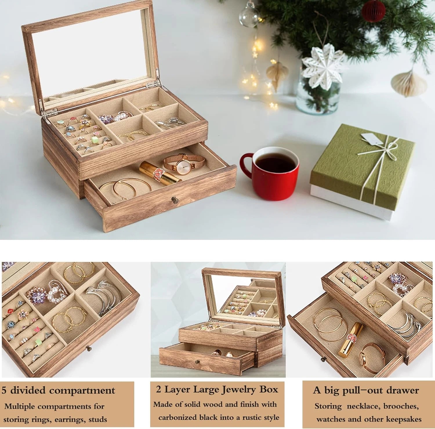 Jewelry Box Organizer for Women, 2 Layer Large Jewelry Storage Case, Rustic Wood | eBay