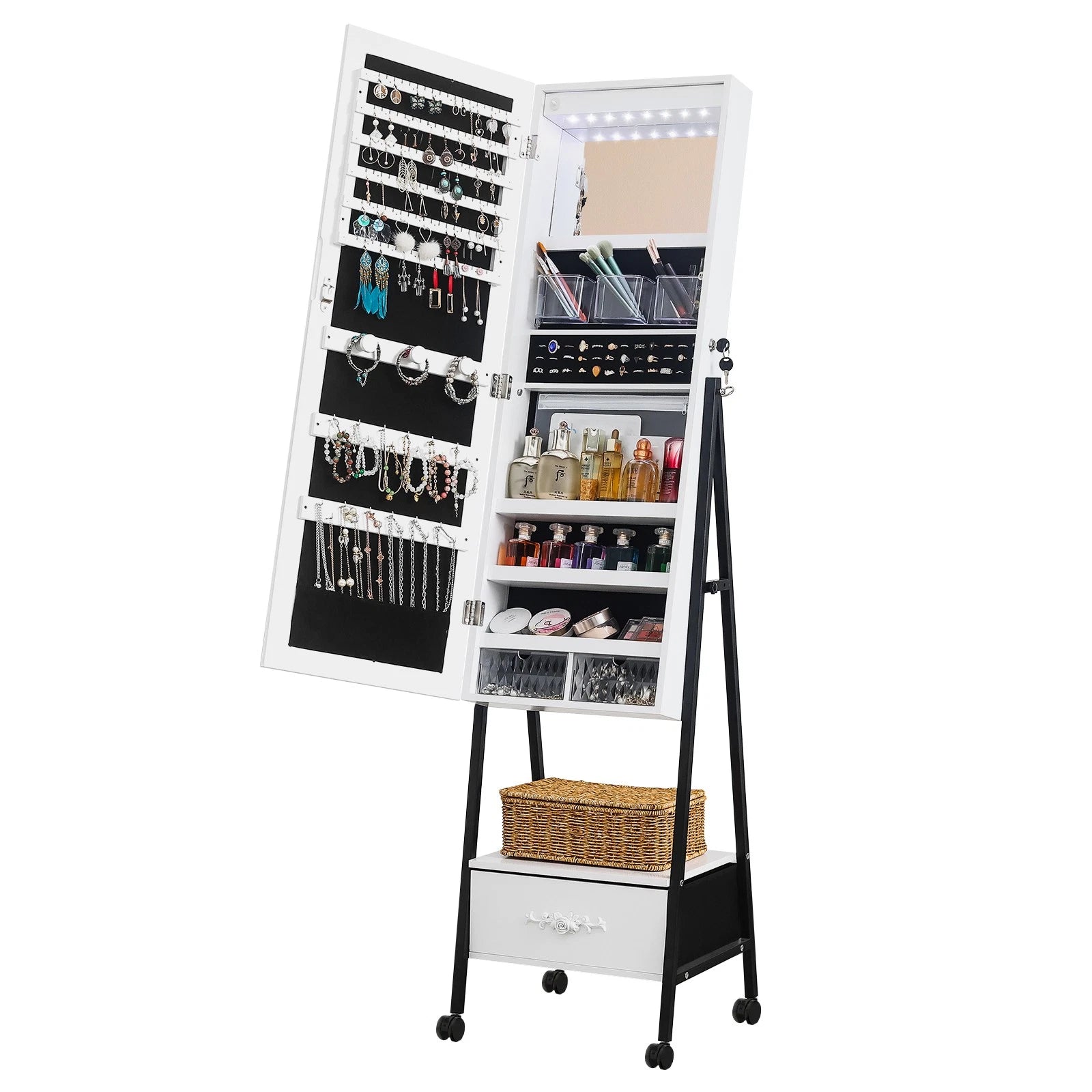 Full Mirror Jewelry Cabinet Freestanding Lockable Jewelry Armoire w/Drawer,White | eBay