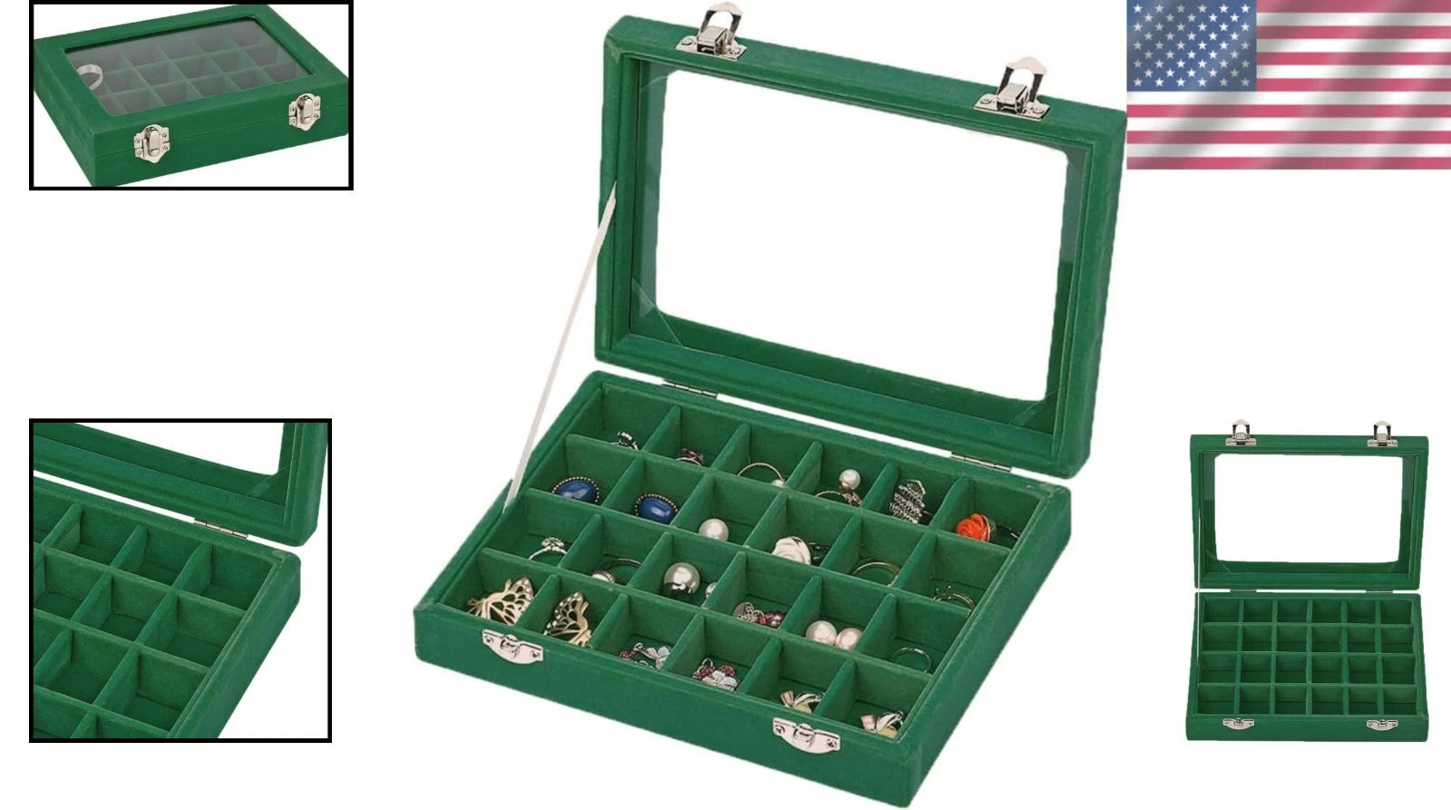 Elegant Green Velvet Glass Jewelry Box - 12 Compartments for Precious Storage | eBay