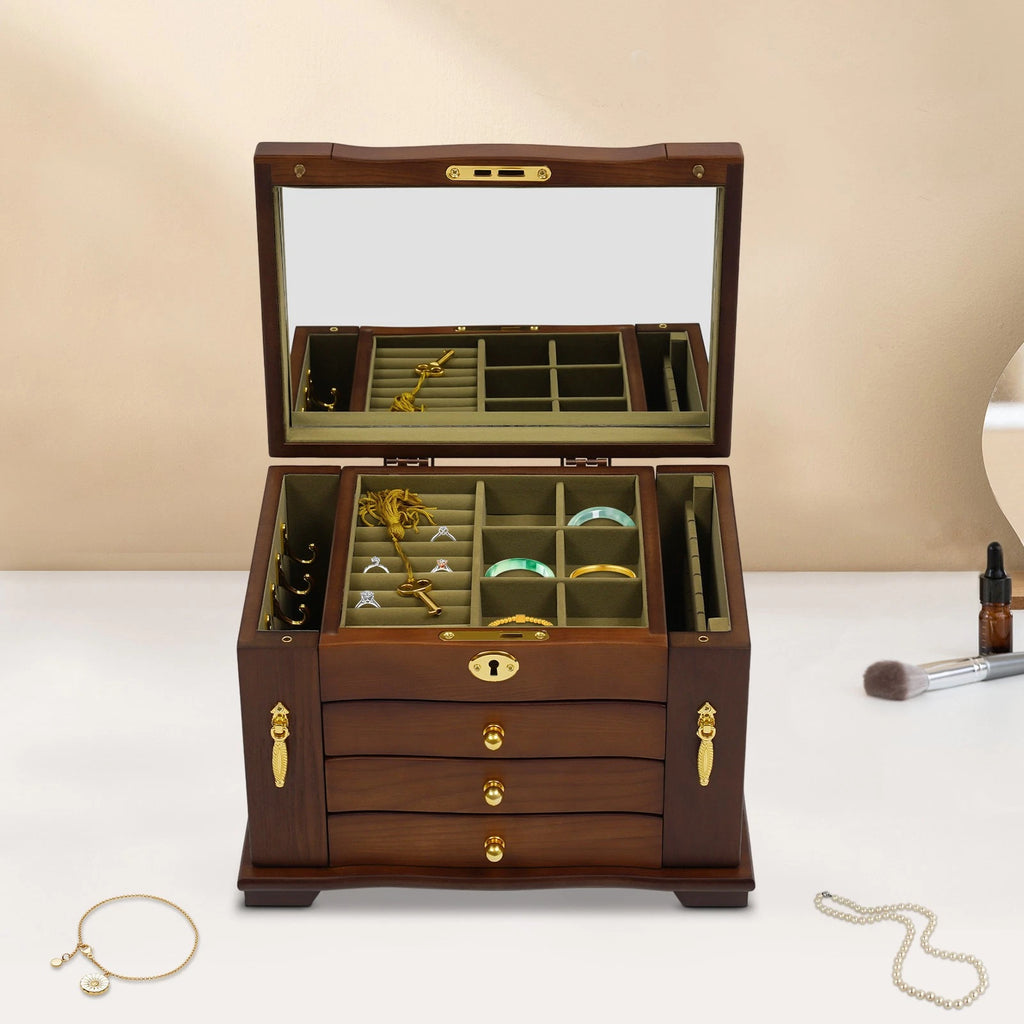 4 Tier Retro Lockable Jewelry Box Solid Wood Earrings Necklace Storage Organizer | eBay