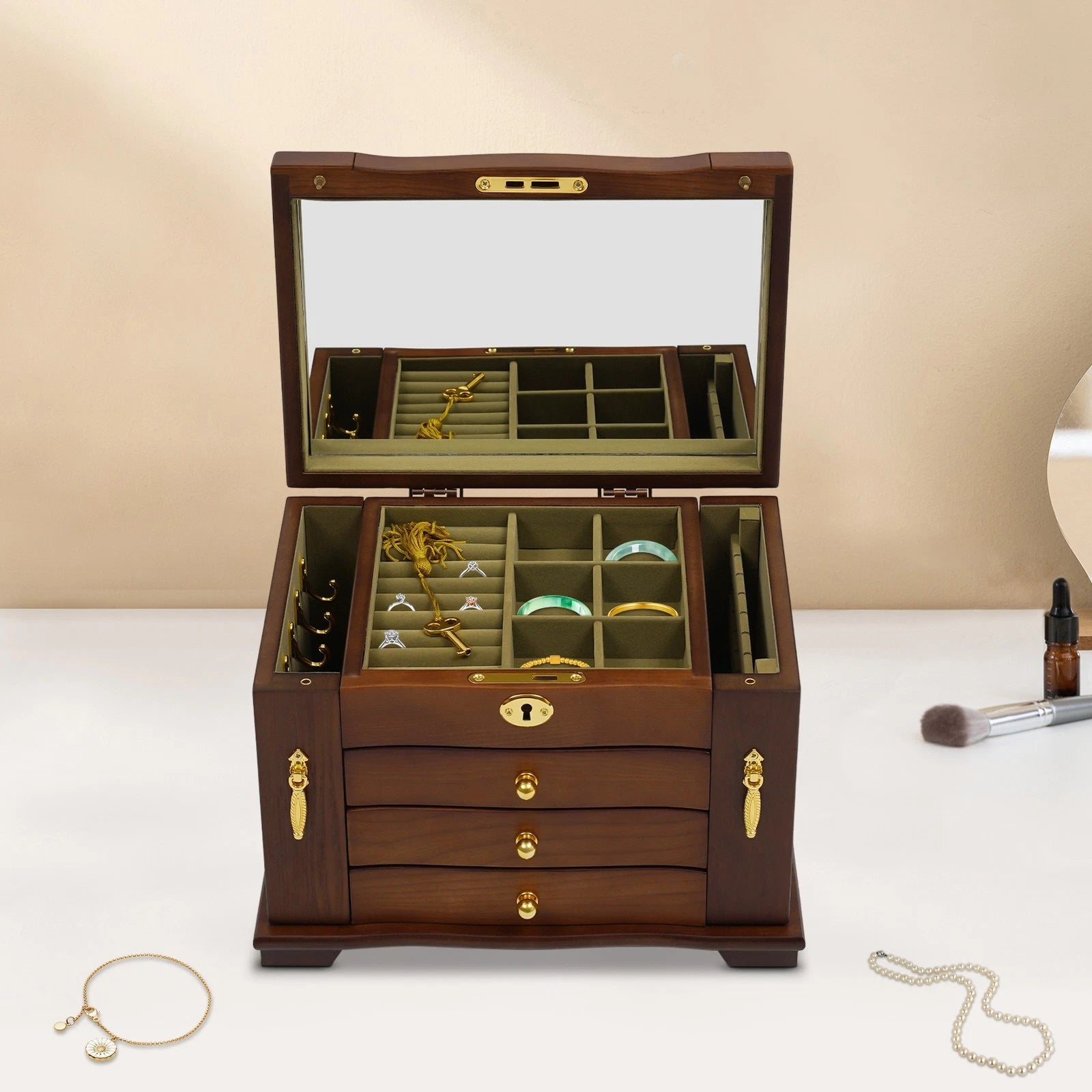 4 Tier Retro Lockable Jewelry Box Solid Wood Earrings Necklace Storage Organizer | eBay