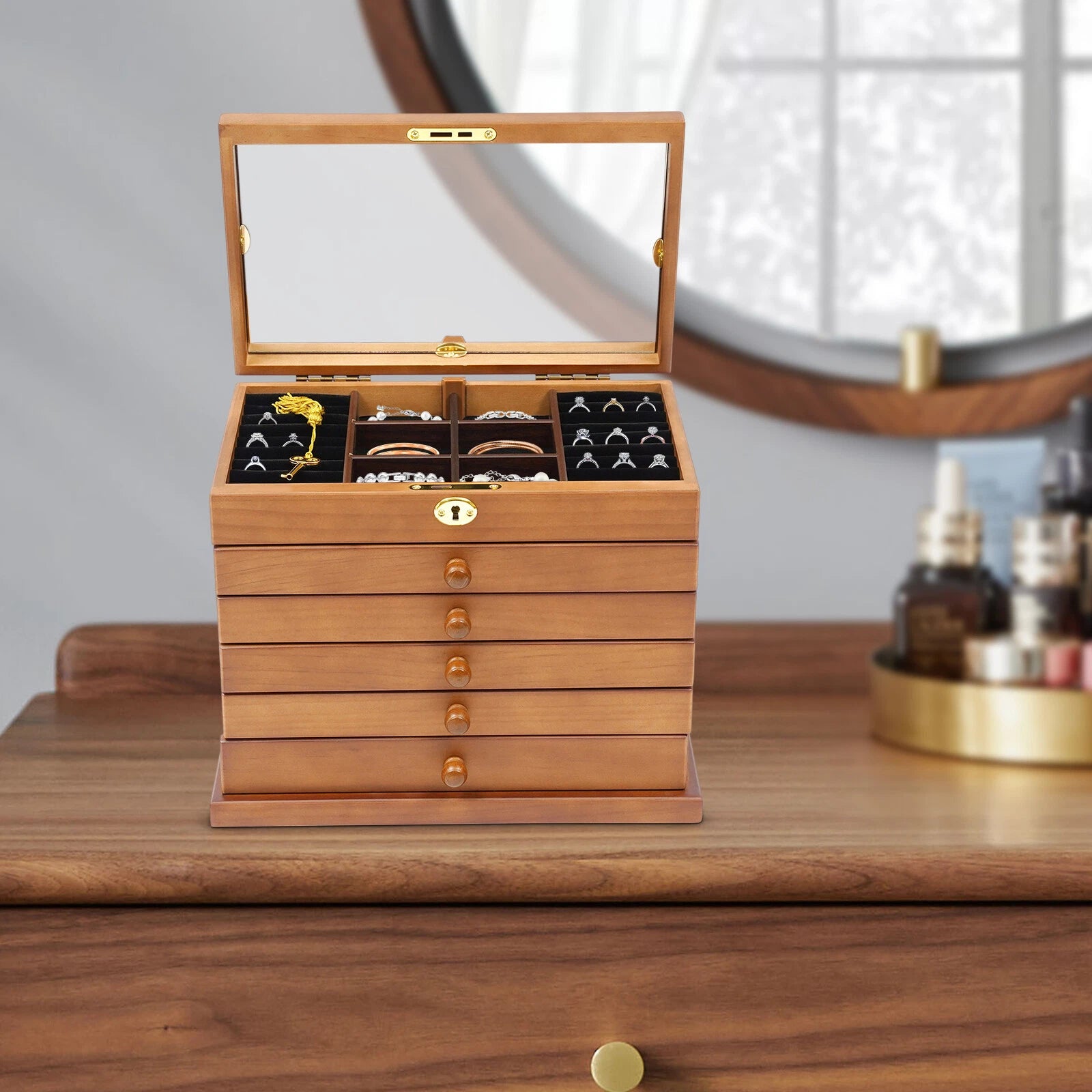 Large Jewelry Box 6-Tier Jewelry Organizer Multi-functional Storage Case Mirror | eBay