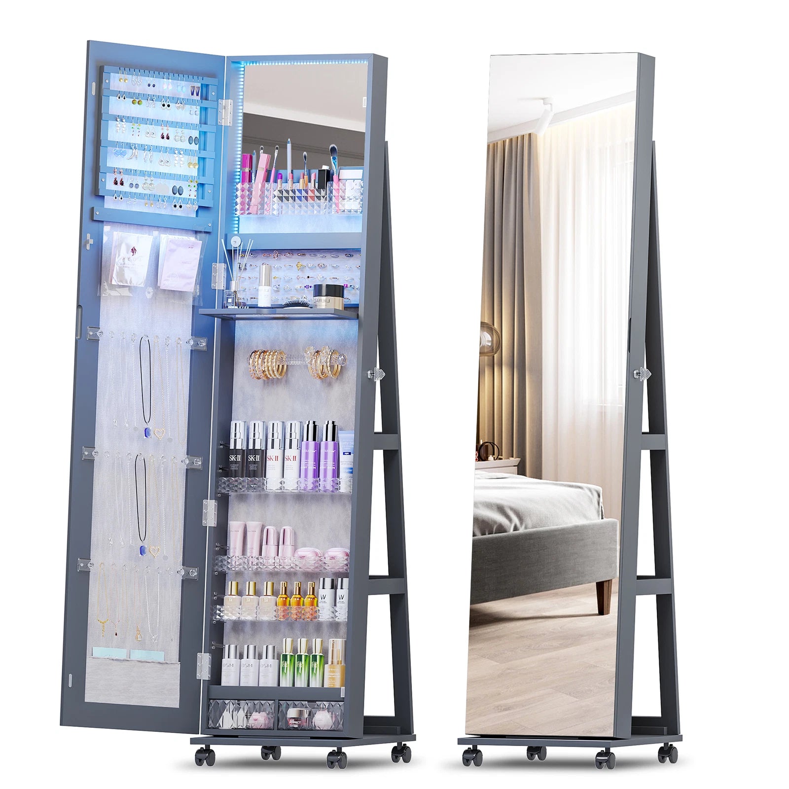 360° Rotating Jewelry Armoire Full Length Mirror Jewelry Organizer Cabinet | eBay