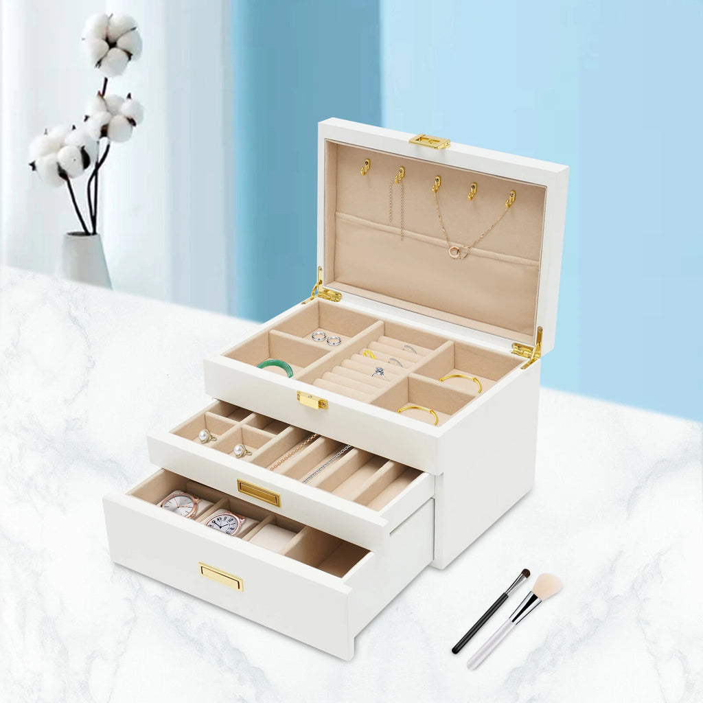 3 Layers Jewelry Storage Box W/ Safe Lock Large Capacity Organizer with 2 Drawer | eBay