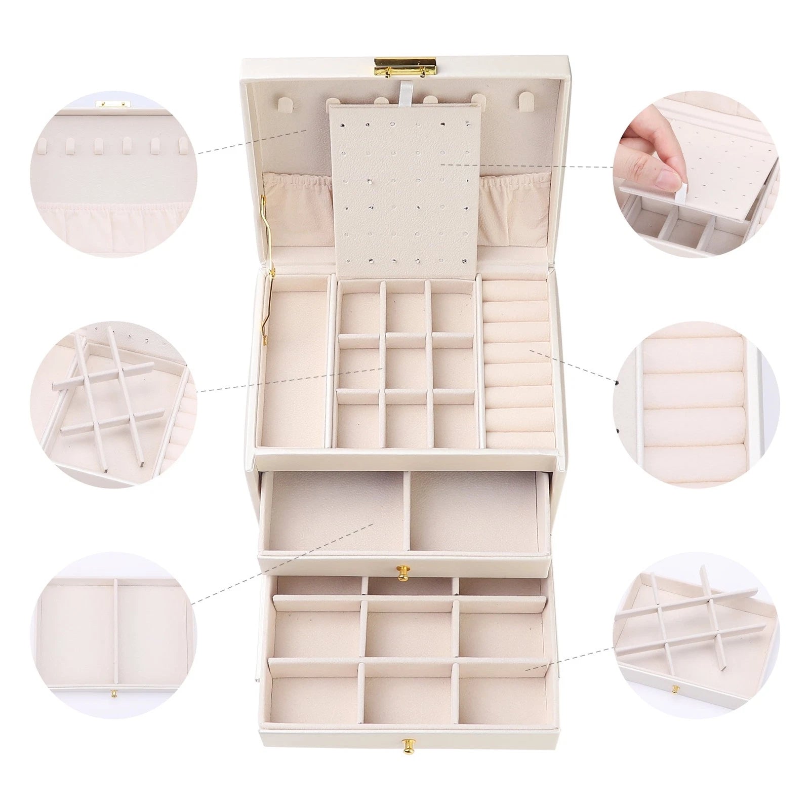 Three-layer jewelry box PU leather jewelry storage box with drawer white | eBay