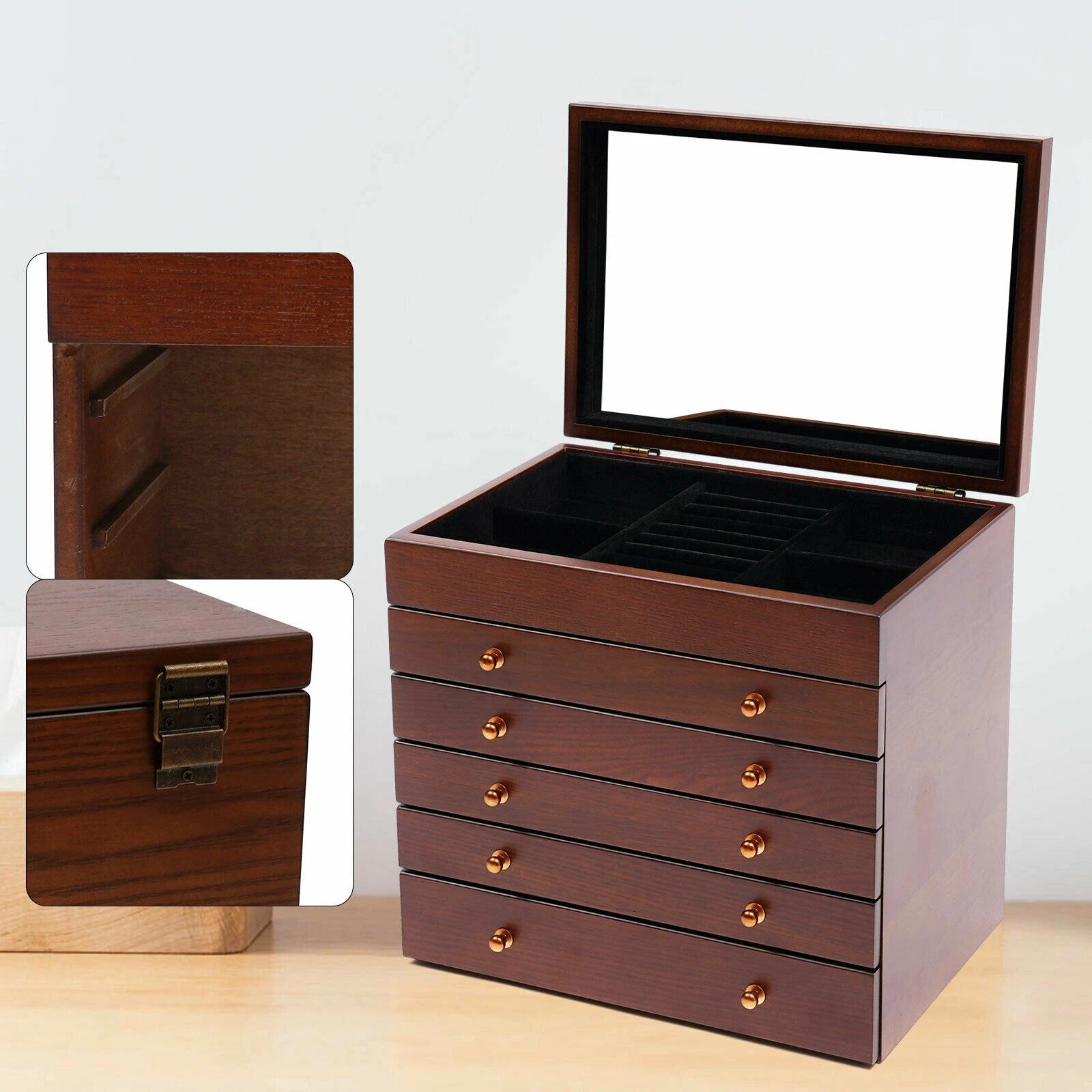 6 Layer Wooden Jewelry Storage Box Watches Necklace Case Cabinet with Drawers | eBay