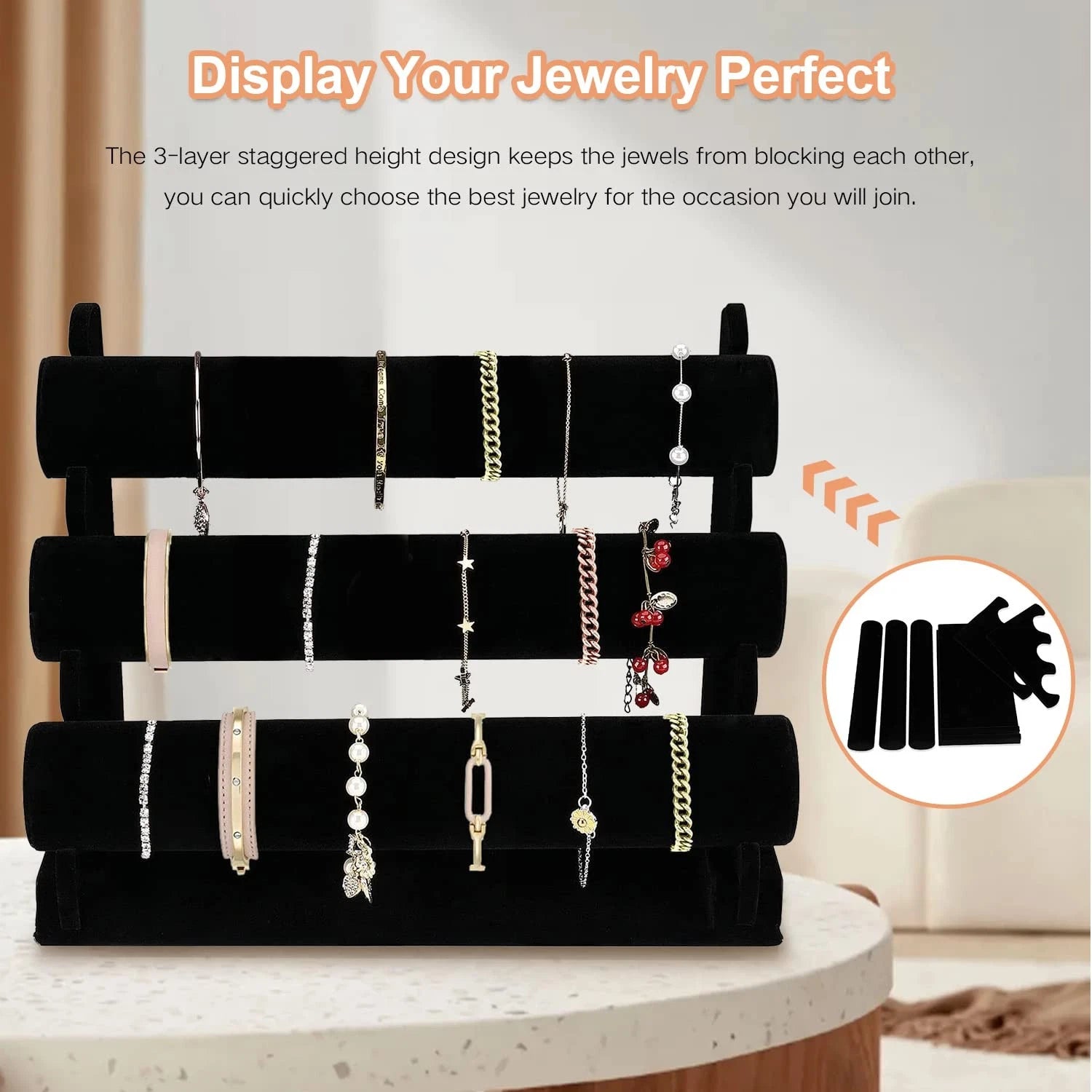 OSPNIEEK Velvet Bracelet Holder with 3 Tier Rack, Black Detachable Jewelry Di... | eBay