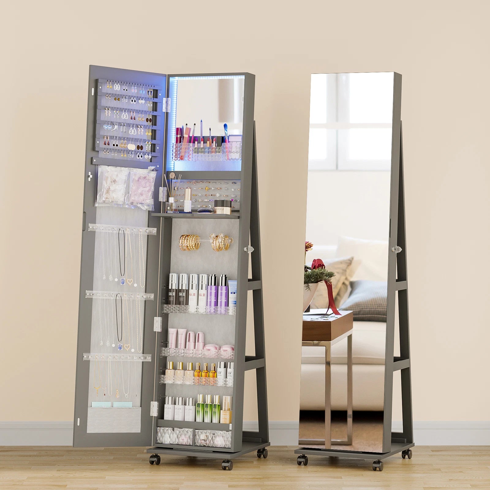 360° Rotating Jewelry Armoire Full Length Mirror Jewelry Organizer Cabinet | eBay