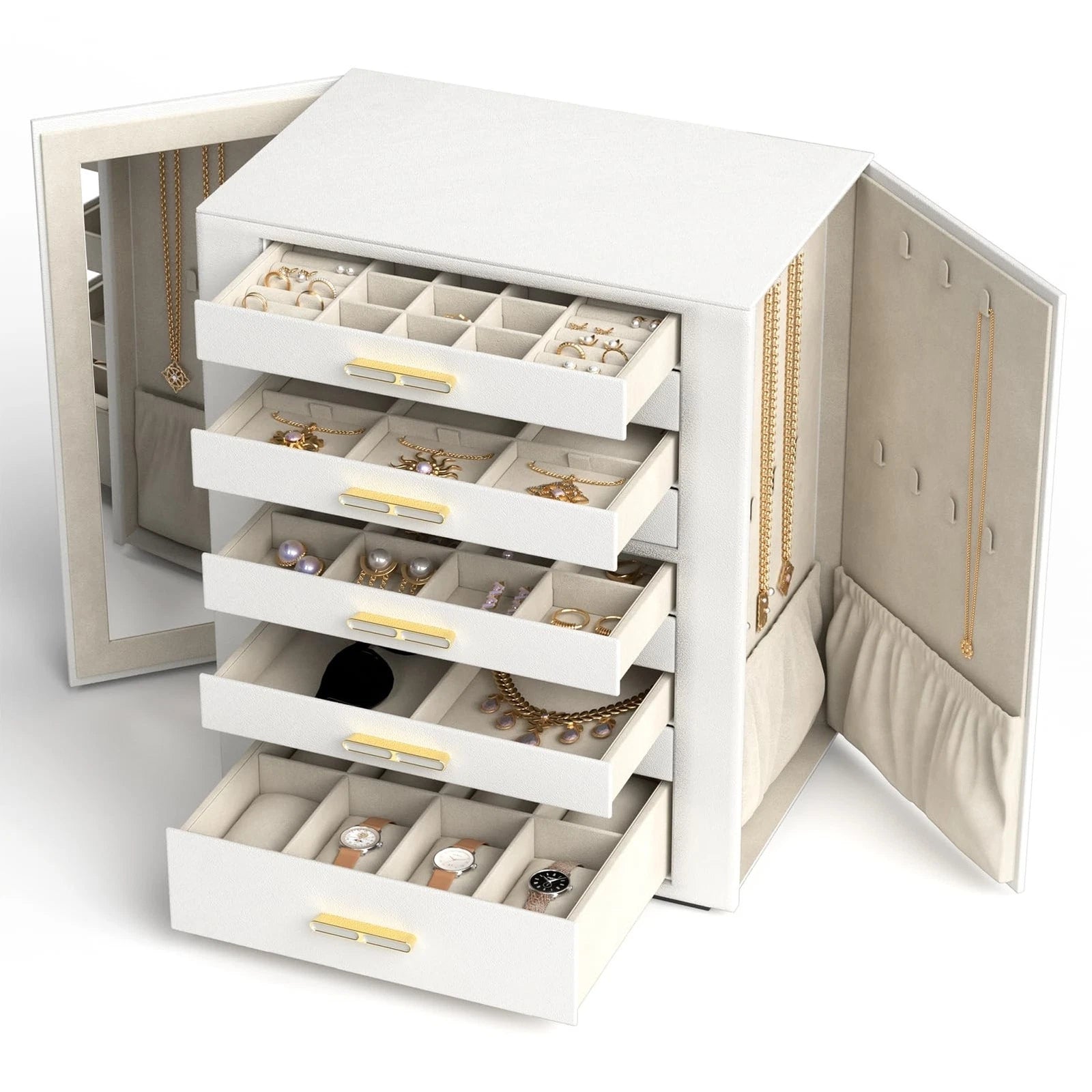 Jewelry Box with Mirror, 9 Tier Large Leather Jewelry Case with 9 Drawers & 2... | eBay