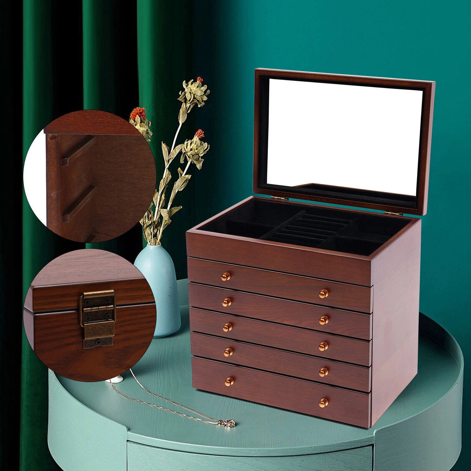 Big 6-Layer Wooden Jewelry Storage Box Watches Necklace Case Cabinet w/ Drawers | eBay