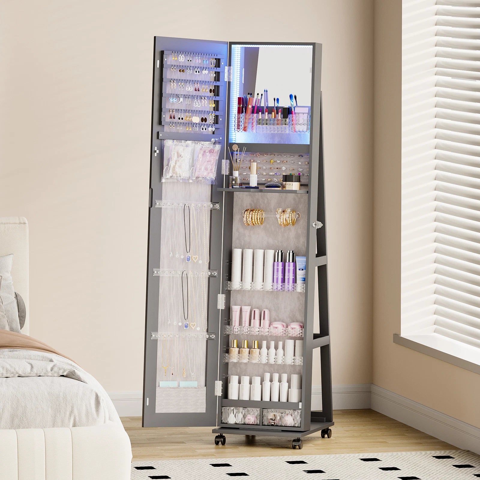 360° Rotating Jewelry Armoire Full Length Mirror Jewelry Organizer Cabinet | eBay