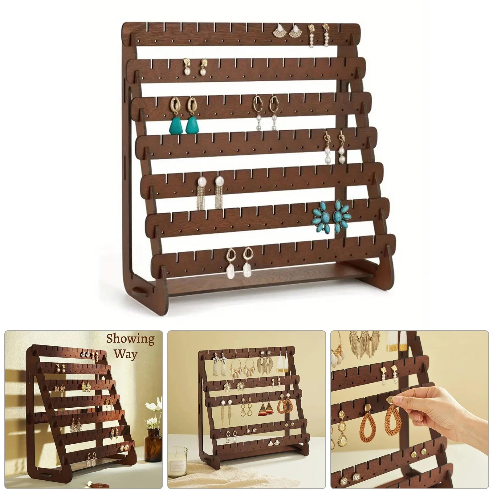 Wood Earring Display Rack Stand Holder For Stud Hook Earrings Jewelry Organizer | eBay