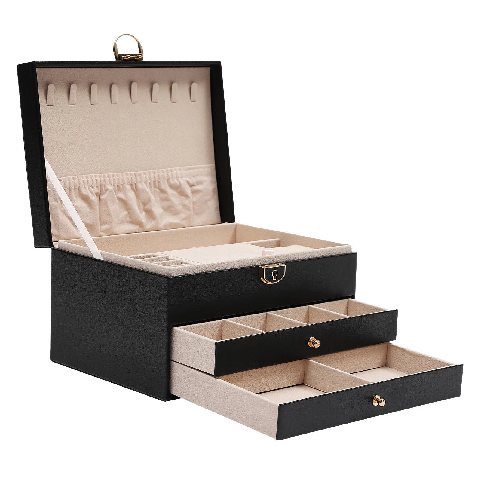 Lockable Jewelry Box Organizer PU 3tire Storage W/ 8built-in Hooks & Storage Bag | eBay
