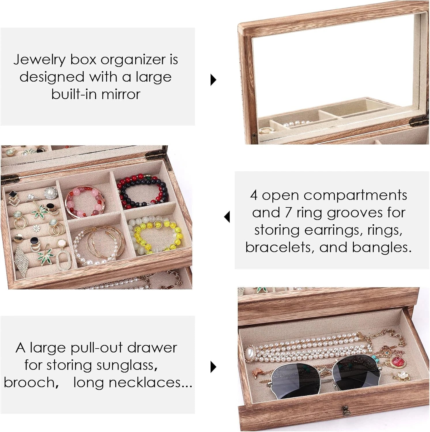 Jewelry Box Organizer for Women, 2 Layer Large Jewelry Storage Case, Rustic Wood | eBay