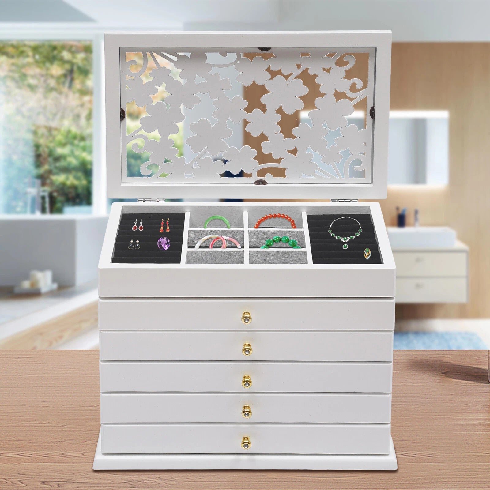 6 Layers Jewelry Boxes Ring Necklace Storage Wooden Box Case Gift Storage Case | eBay