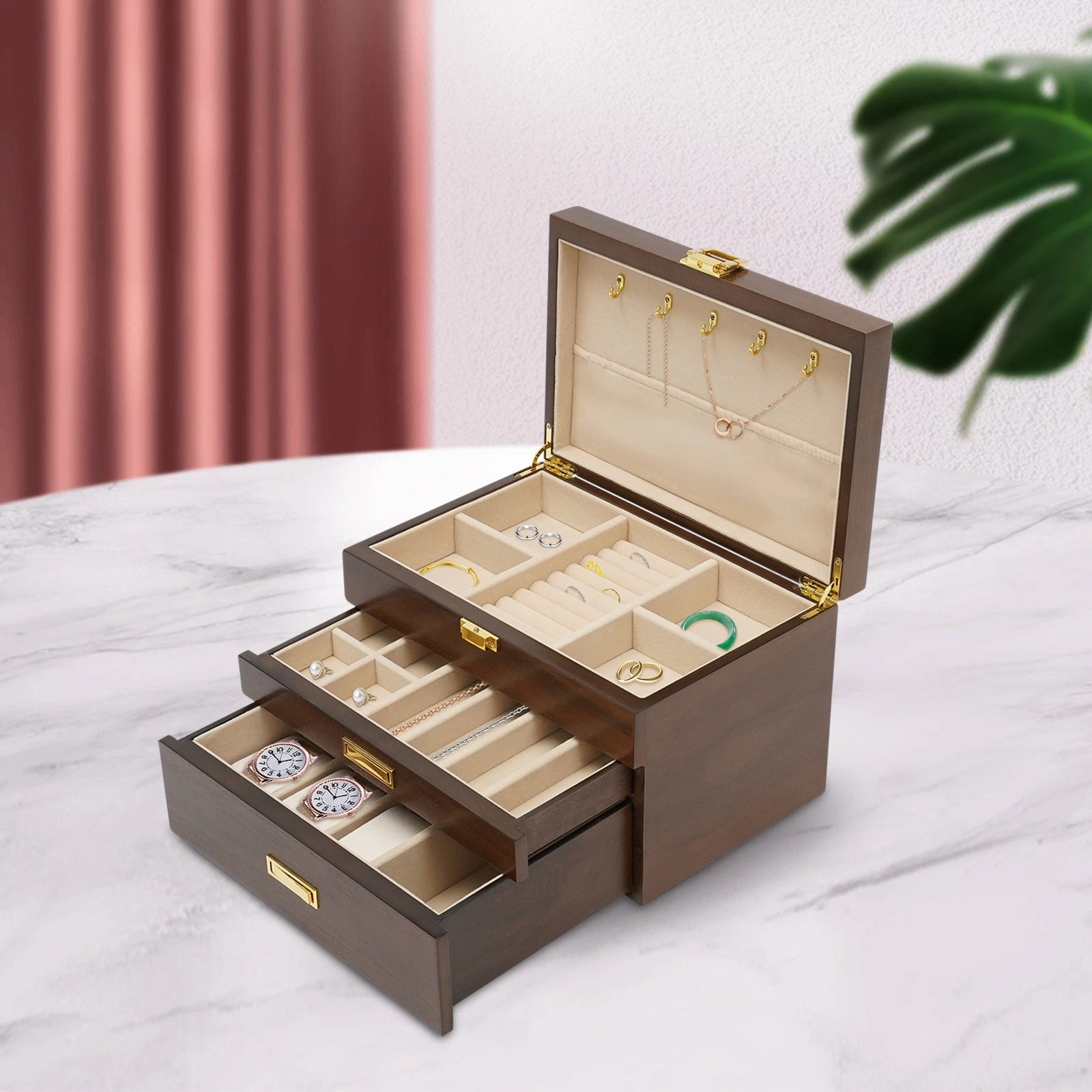 3 Layers Wooden Organizer Jewelry Storage Box with 2 Drawers Cabinet | eBay