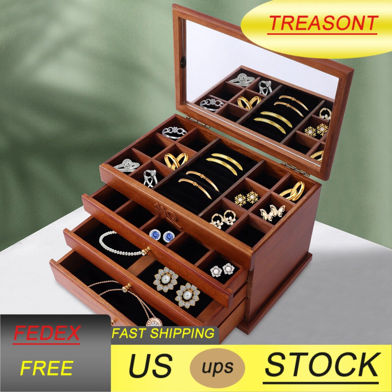 Jewelry Storage Box Ring Earrings Organizer Case with Drawer 4 Layers Wooden | eBay