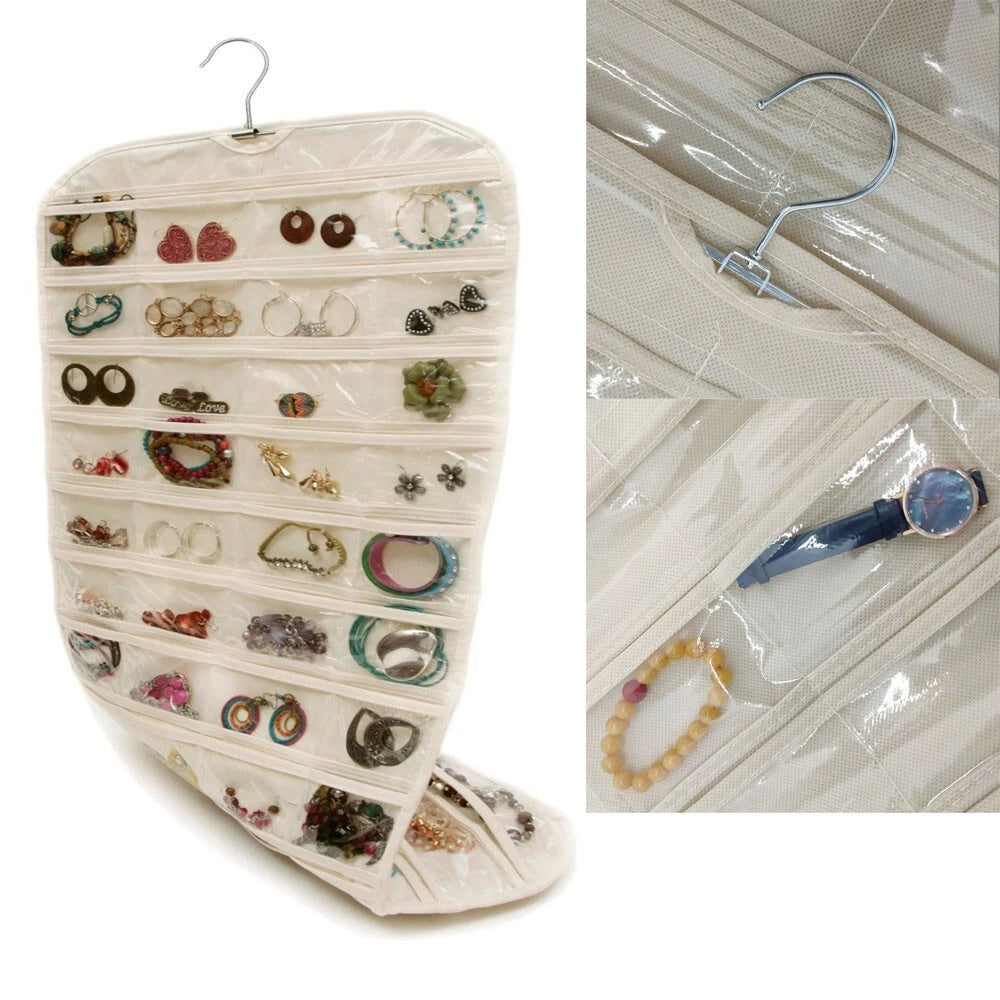 80 Pocket Hanging Jewelry Organizer Non-woven Fabrics Vinyl Metal Hanger Beige | eBay
