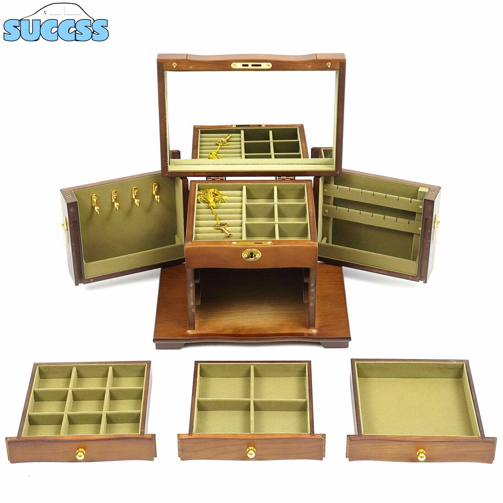 Antique Large Wooden Jewelry Organizer Box Necklace Watches Rings Storage Case | eBay