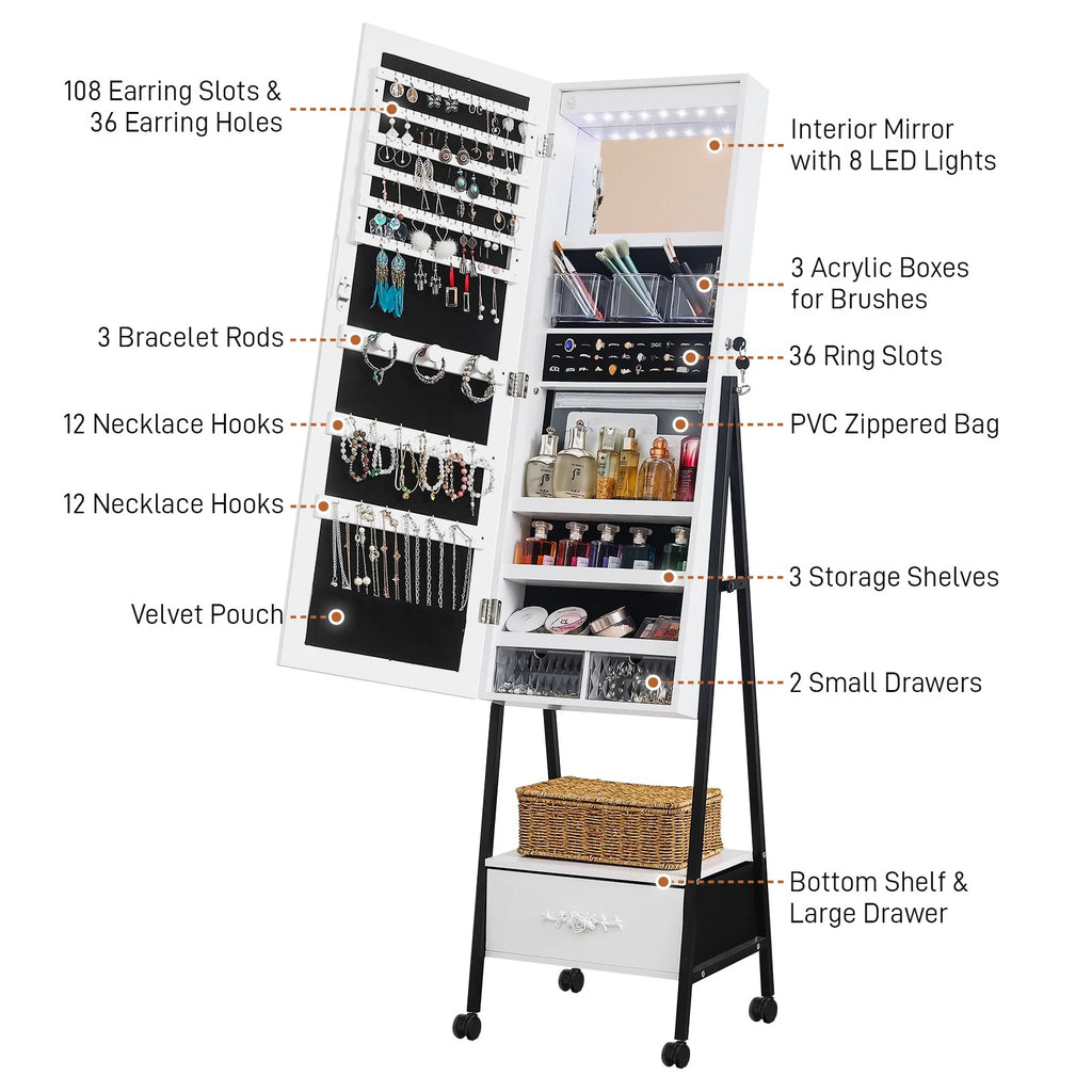 Full Mirror Jewelry Cabinet Freestanding Lockable Jewelry Armoire w/Drawer,White | eBay