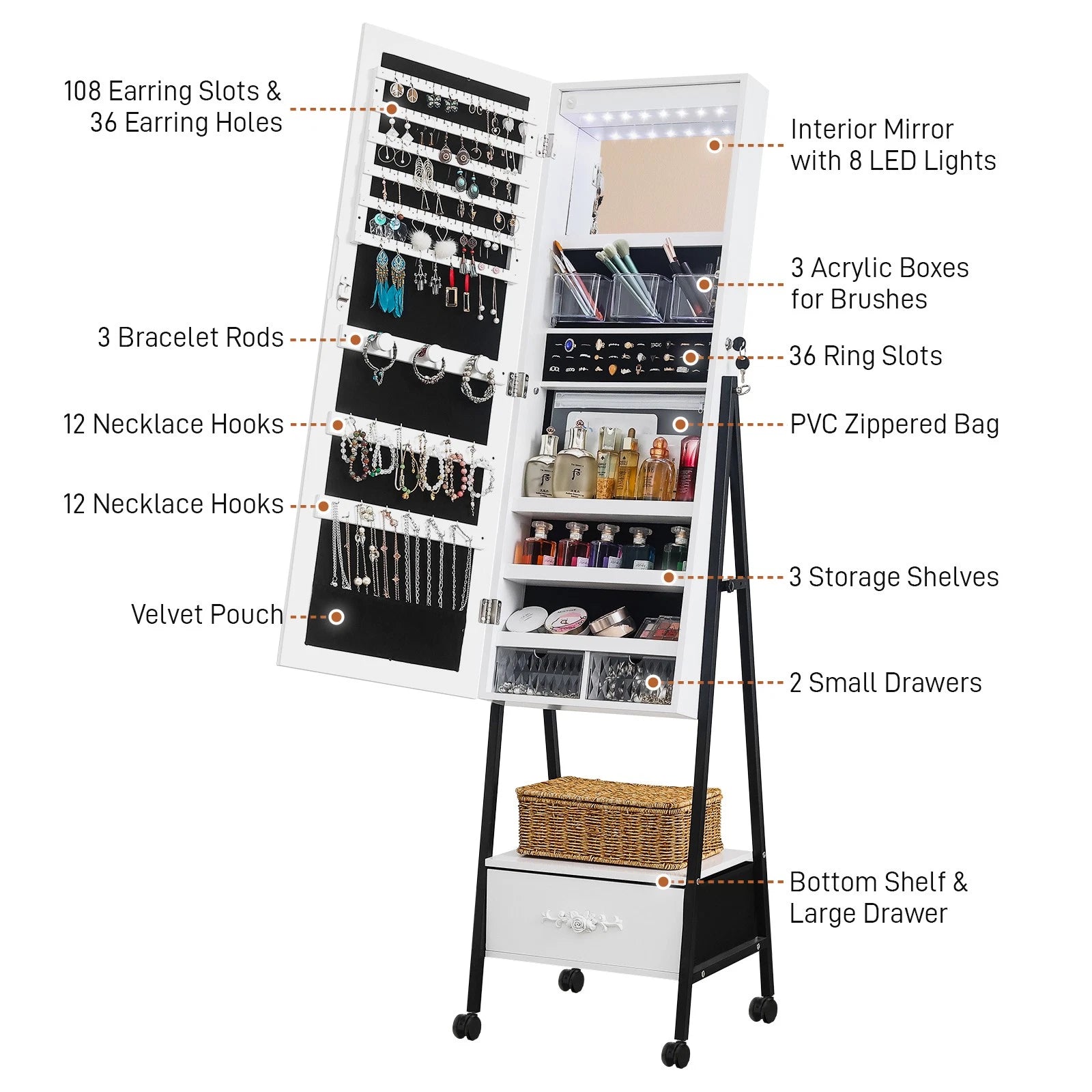 Full Mirror Jewelry Cabinet Freestanding Lockable Jewelry Armoire w/Drawer,White | eBay