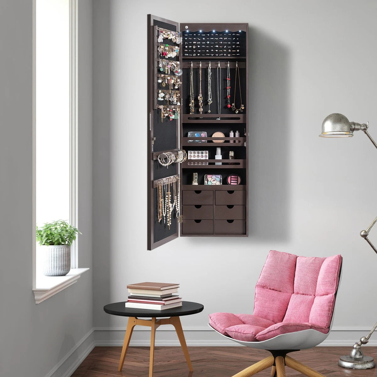 Home Wall Door Mounted LED Mirror Jewelry Cabinet Lockable Armoire w/ 6 Drawers 7461758935106| eBay
