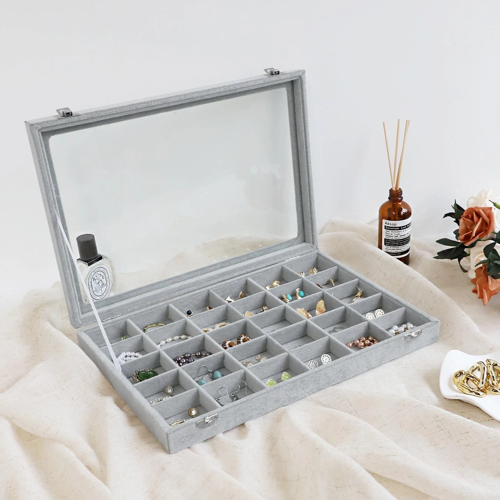 Wudygirl 30 Grid Jewelry Organizer Velvet Jewelry Box Jewelry Tray with Clear Li | eBay