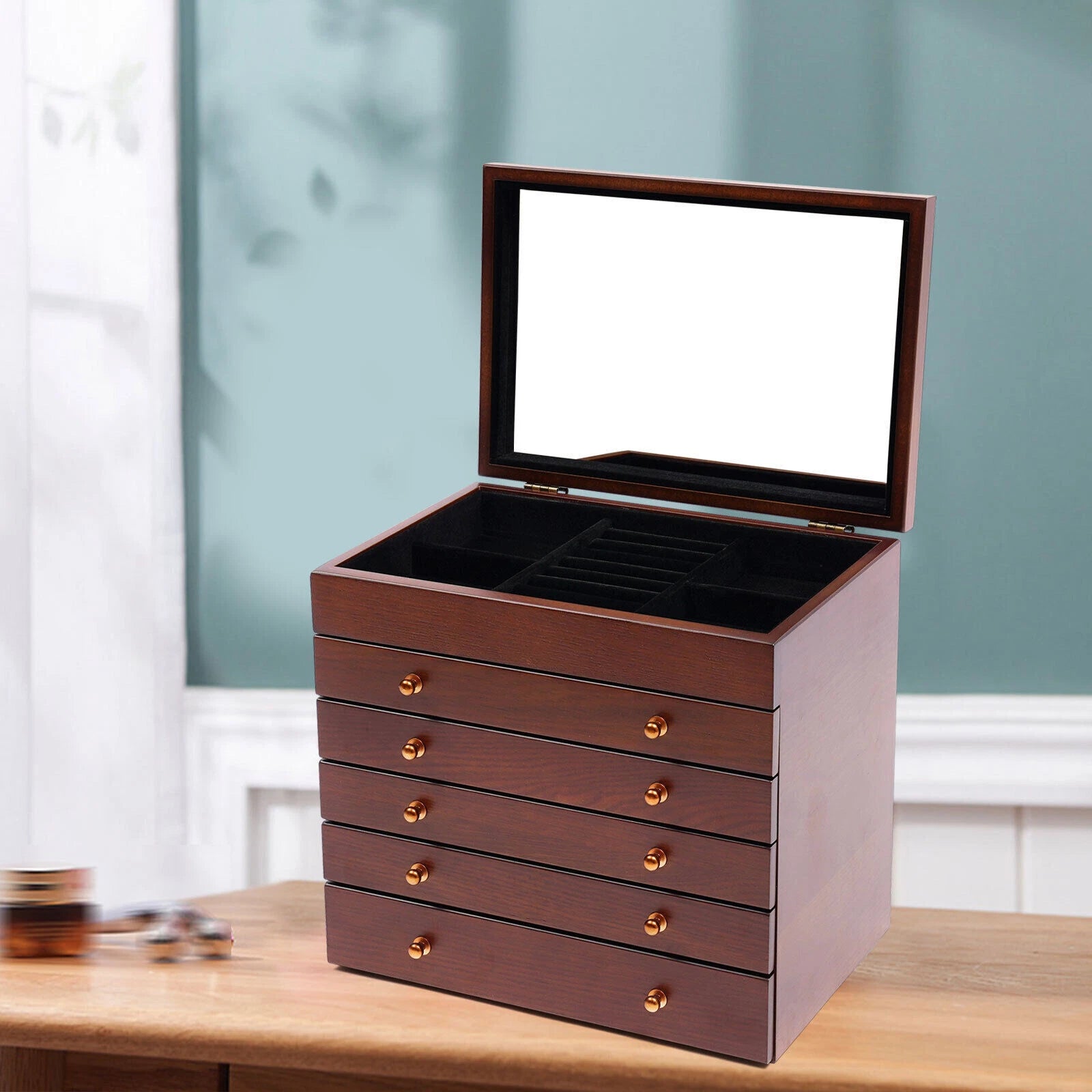 Big 6-Layer Wooden Jewelry Storage Box Watches Necklace Case Cabinet w/ Drawers | eBay