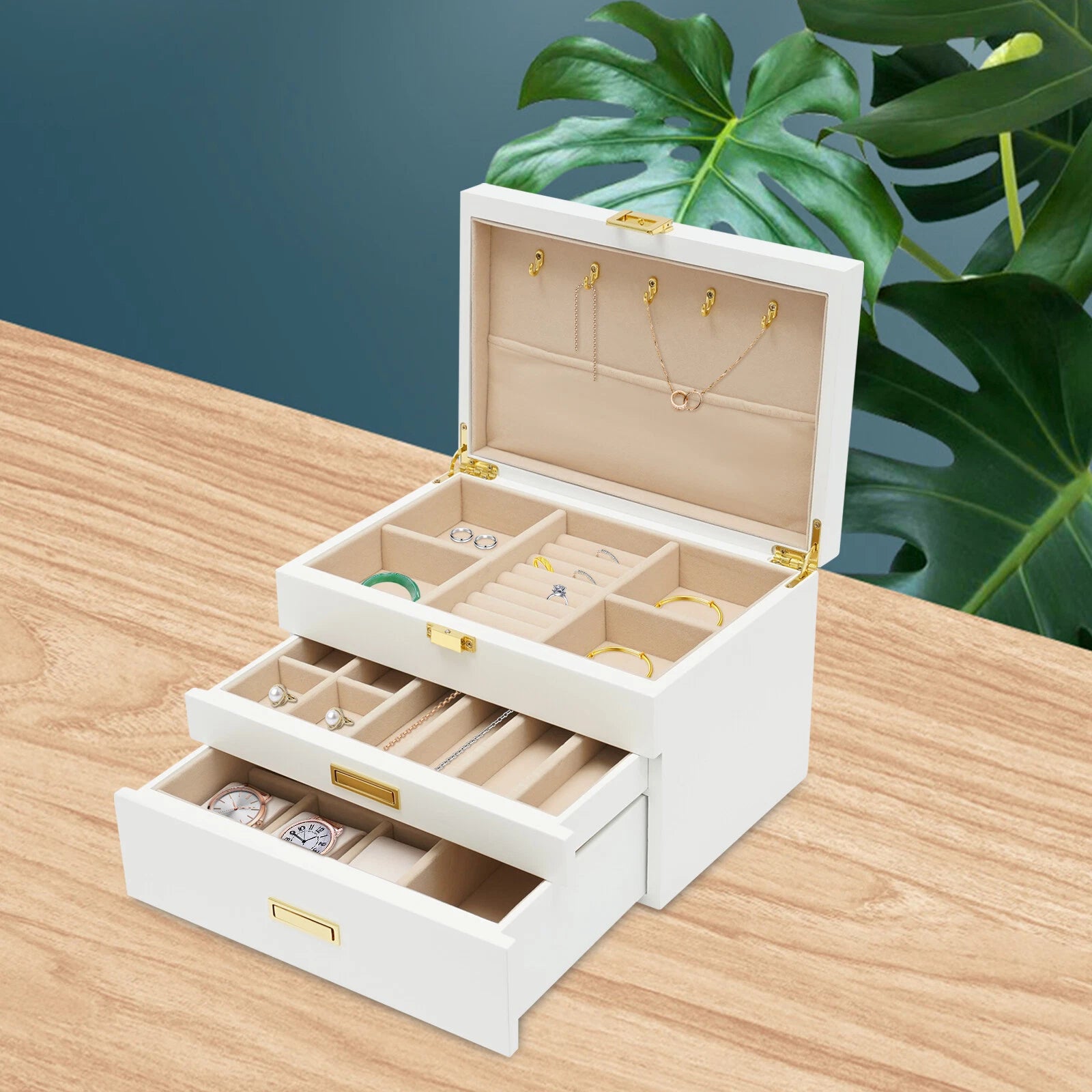 3 Layers Jewelry Storage Box W/ Safe Lock Large Capacity Organizer with 2 Drawer | eBay