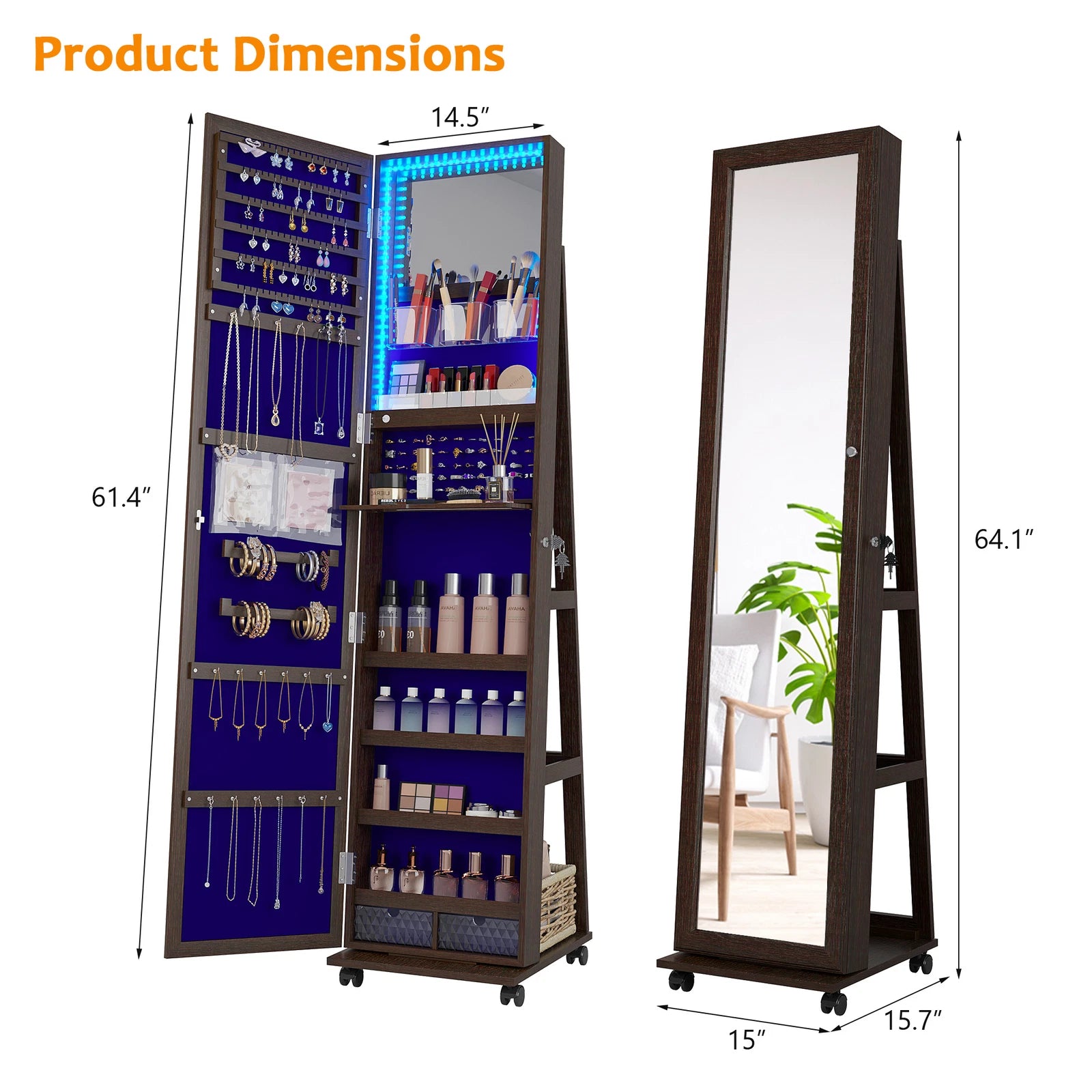 360° Swivel Jewelry Cabinet for Bedroom Full Length Mirror with Lock | eBay