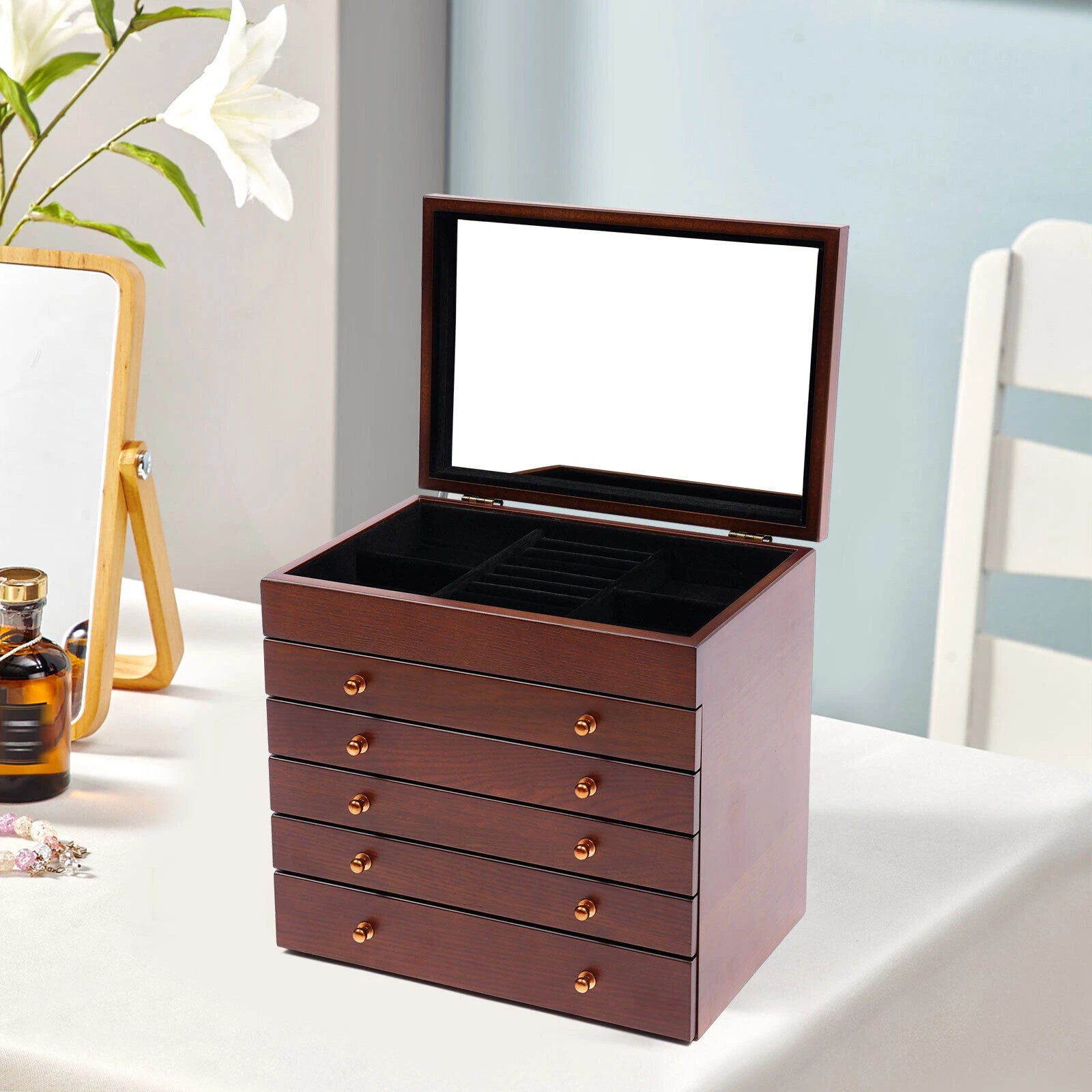 Big 6-Layer Wooden Jewelry Storage Box Watches Necklace Case Cabinet w/ Drawers | eBay