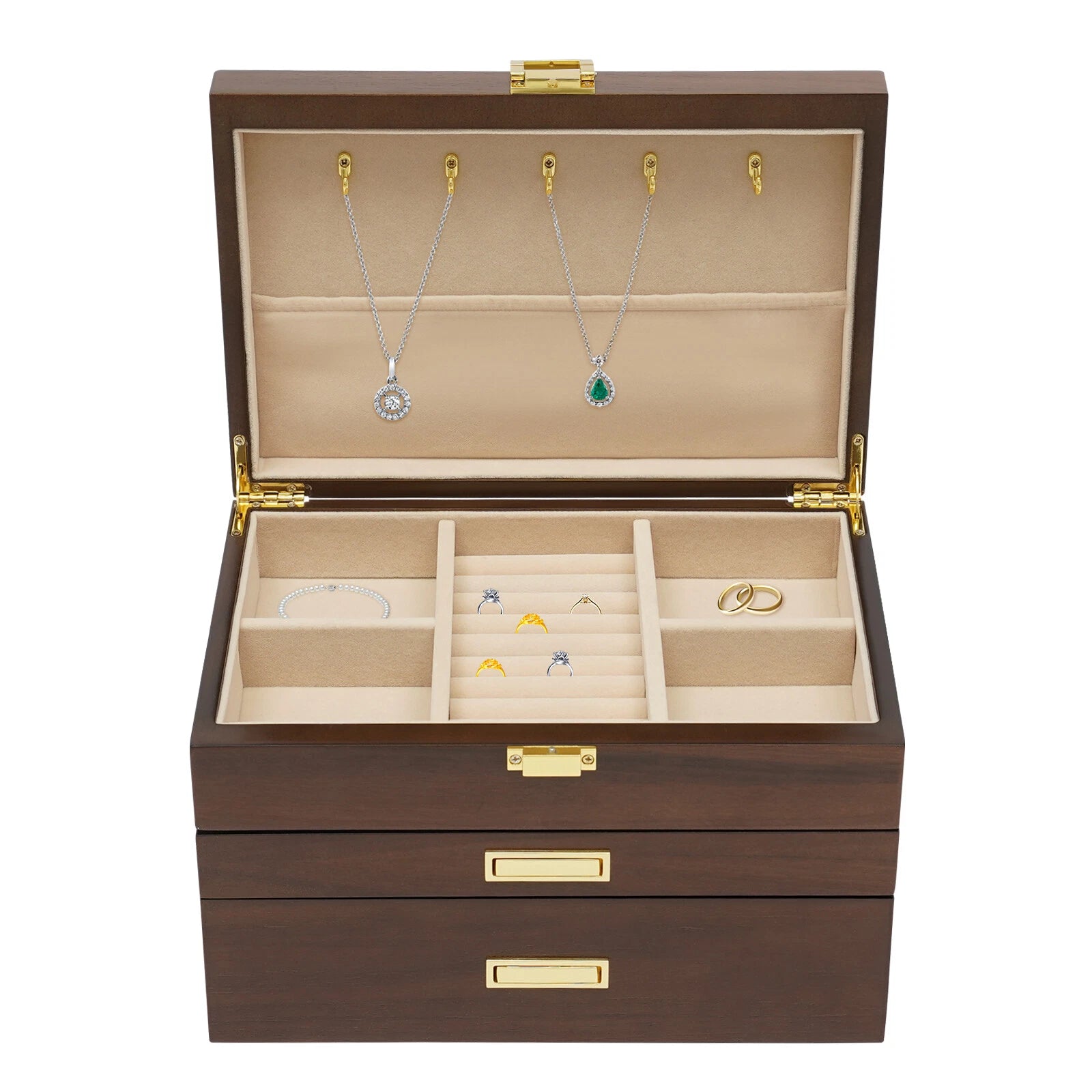 3 Layers Wooden Organizer Jewelry Storage Box with 2 Drawers Cabinet | eBay