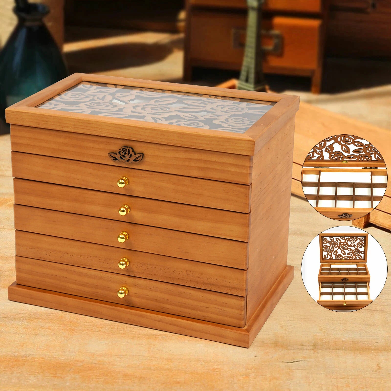 6 Layer Wooden Jewelry Storage Box Organizer Large Capacity Watch Display Box | eBay