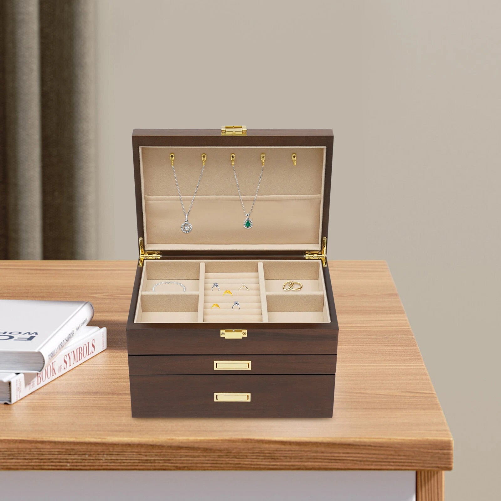 3 Layers Wooden Organizer Jewelry Storage Box with 2 Drawers Cabinet | eBay