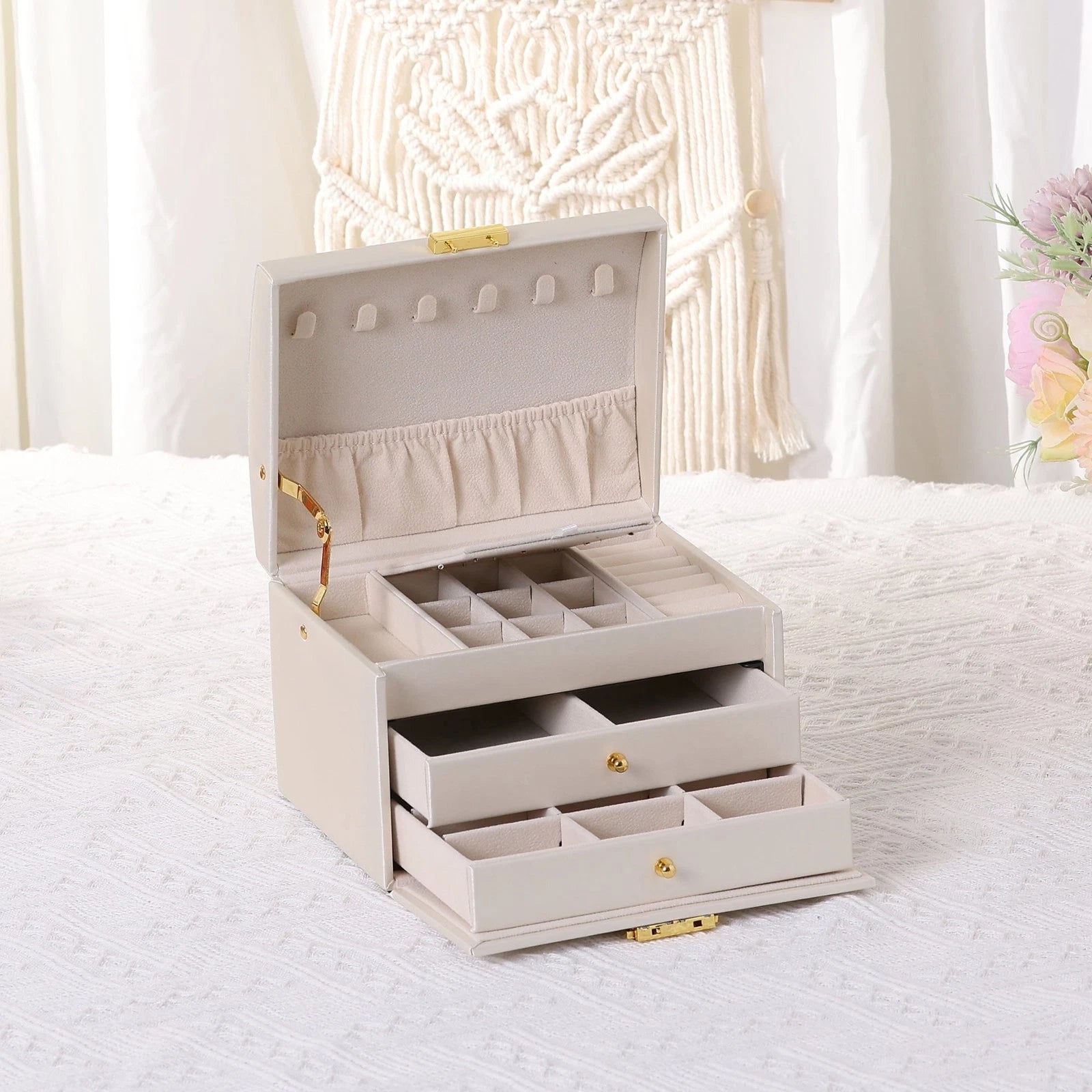 Three-layer jewelry box PU leather jewelry storage box with drawer white | eBay