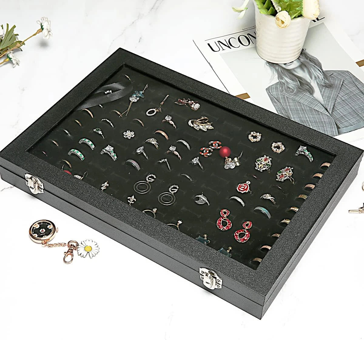100 Slots Ring Display Case with Transparent Lid - Jewelry Storage Box & Organiz | eBay