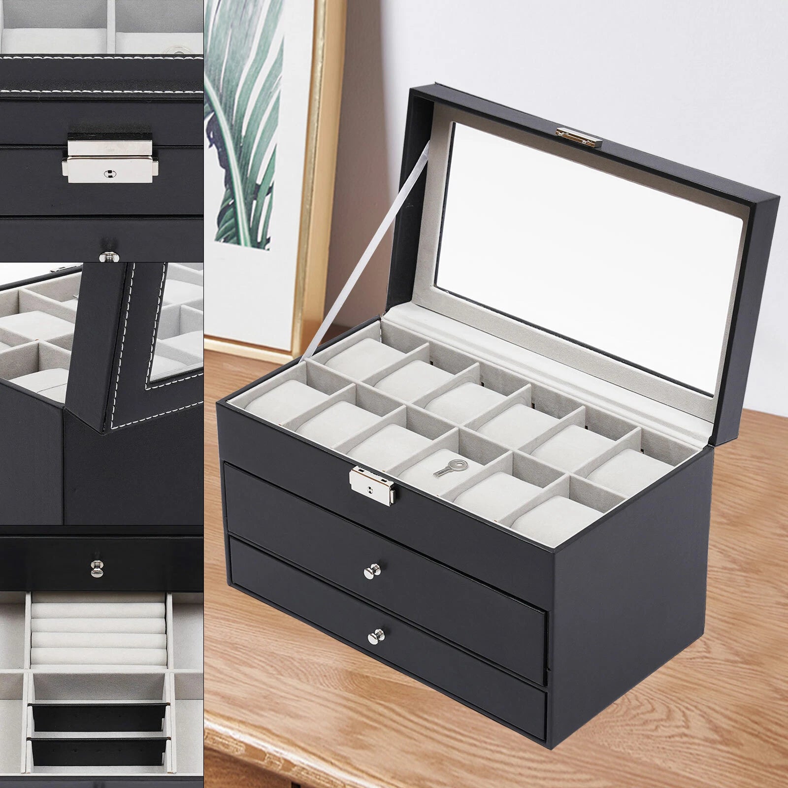 3 Layer Watch Sunglasses Jewelry Display Box Drawer Metal Buckle Organizer Box!! | eBay