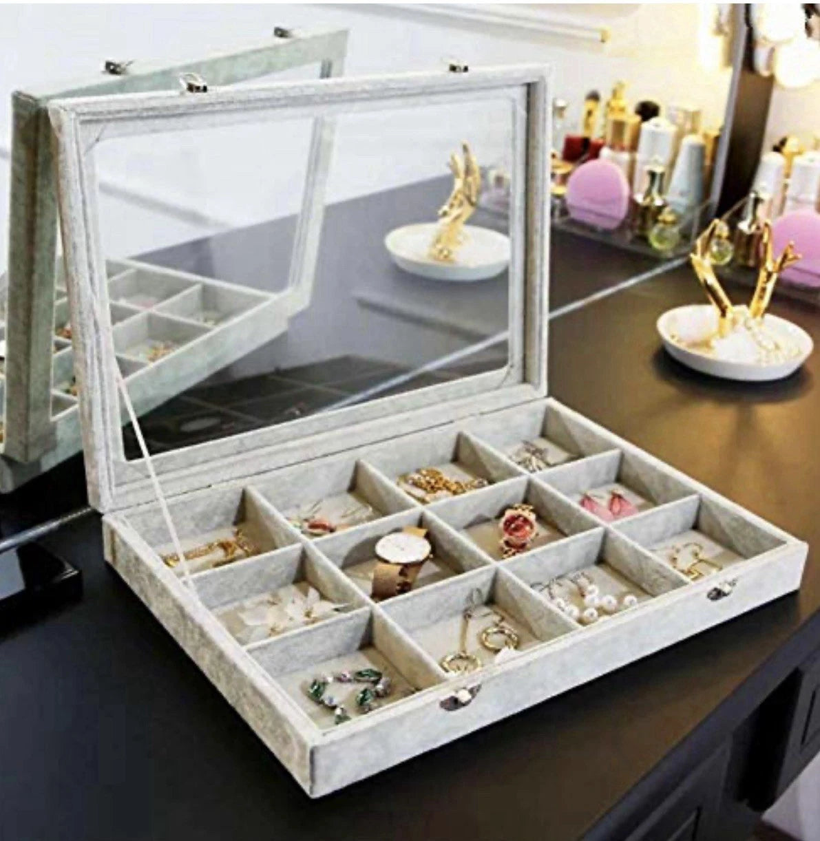 Jewelry Organizer Tray 12 Grids, Velvet Jewelry Tray with Clear Lid | eBay